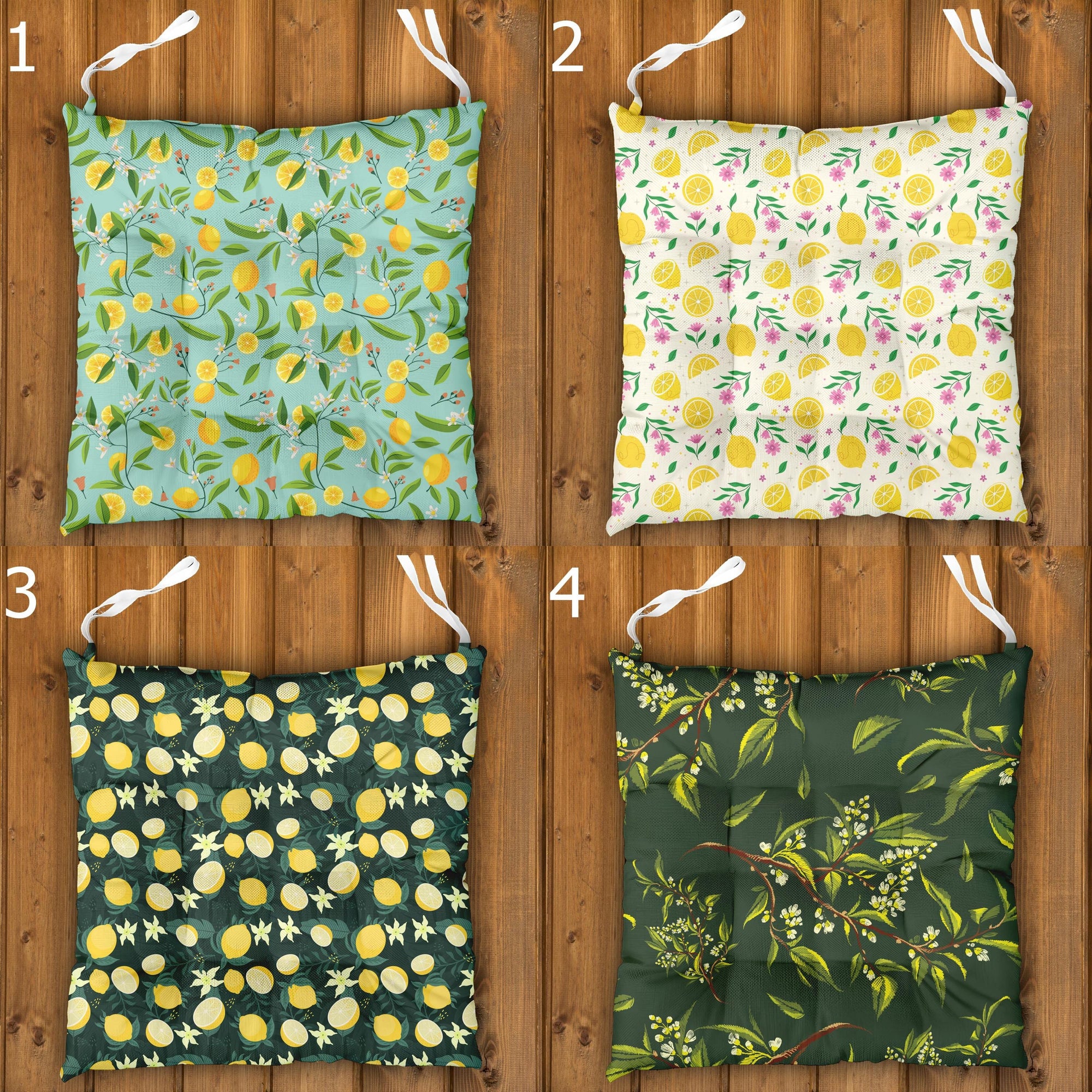 Lemon Chair Cushions, Fresh Citrus Seat Pads, Outdoor Patio Cushions, Mediterranean Themed Chair Pads, Yellow Floral Chair Cushions