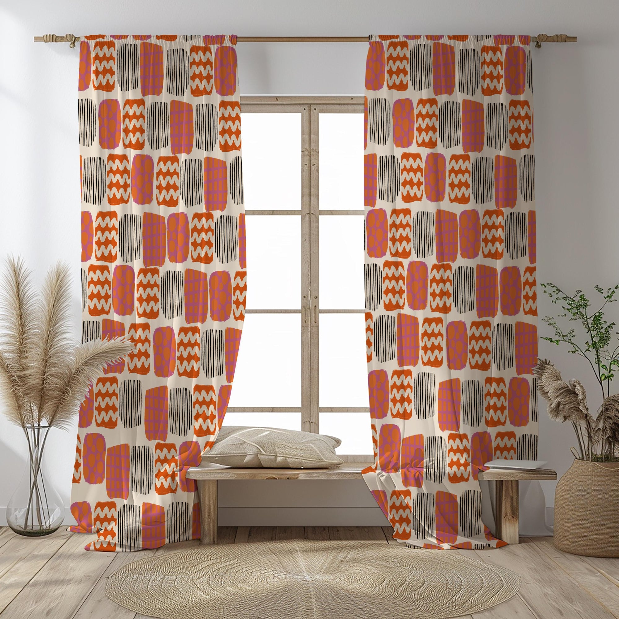 Retro Geometric Curtain Panels, Mid Century Modern Window Drapes, Abstract Boho Curtain, Colorful 70s Inspired Panel Curtains