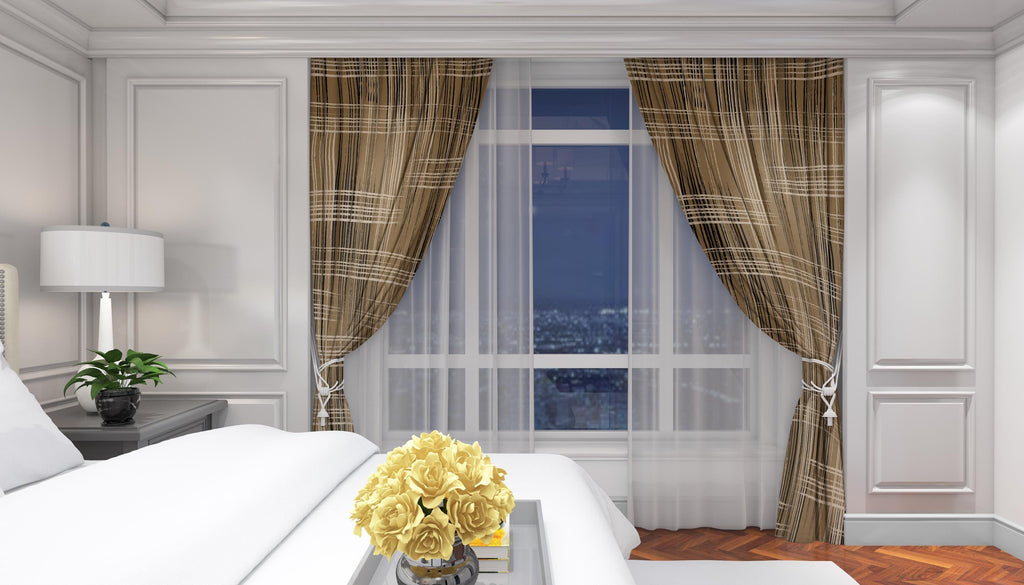 Rustic Plaid Brown Curtain Panels, Modern Farmhouse Brown Beige Curtain, Earthy Tone Window Drapes, Neutral Striped Panel Curtains