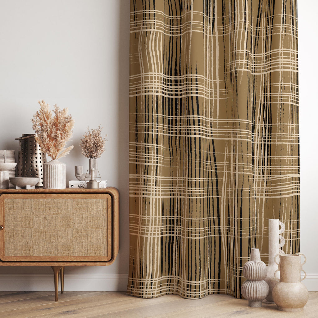Rustic Plaid Brown Curtain Panels, Modern Farmhouse Brown Beige Curtain, Earthy Tone Window Drapes, Neutral Striped Panel Curtains