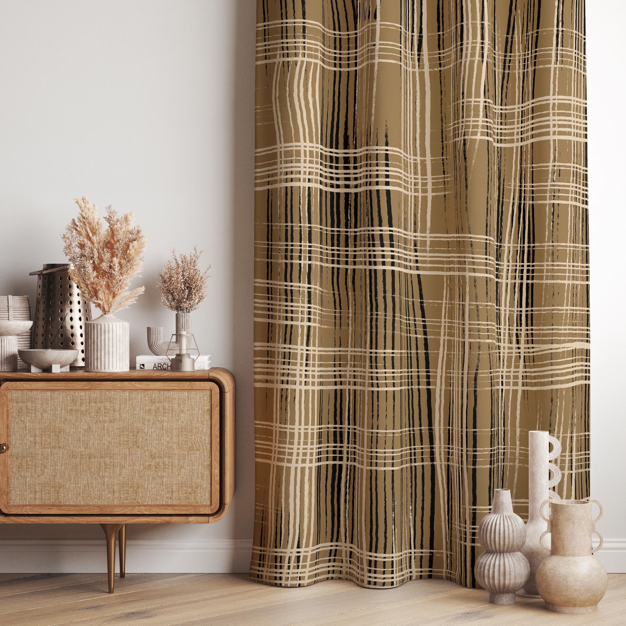 Rustic Plaid Brown Curtain Panels, Modern Farmhouse Brown Beige Curtain, Earthy Tone Window Drapes, Neutral Striped Panel Curtains