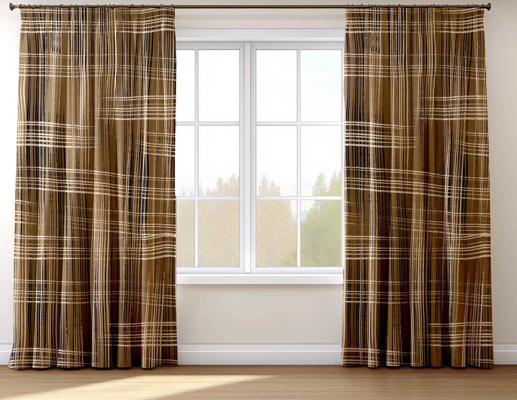 Rustic Plaid Brown Curtain Panels, Modern Farmhouse Brown Beige Curtain, Earthy Tone Window Drapes, Neutral Striped Panel Curtains