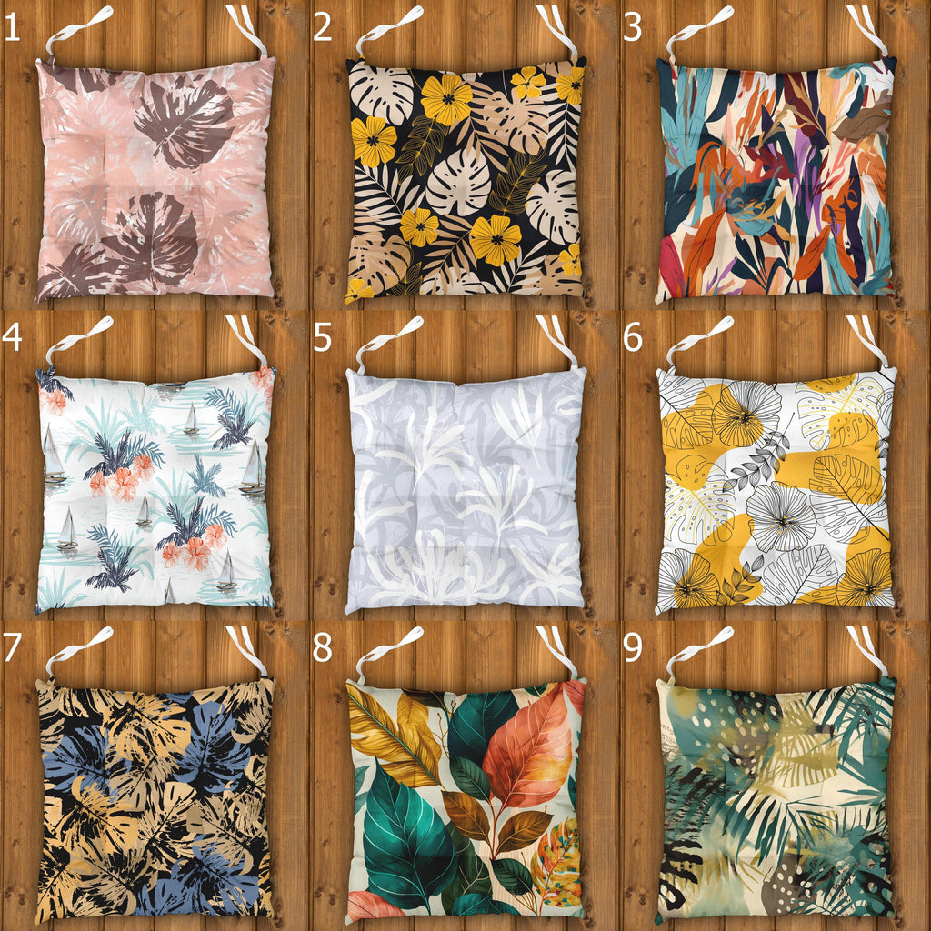 Tropical Outdoor Patio Cushions, Botanical Seat Pads, Tropical Chair Cushions, Botanical Leaf Print Chair Pads, Exotic Garden Seat Cushions