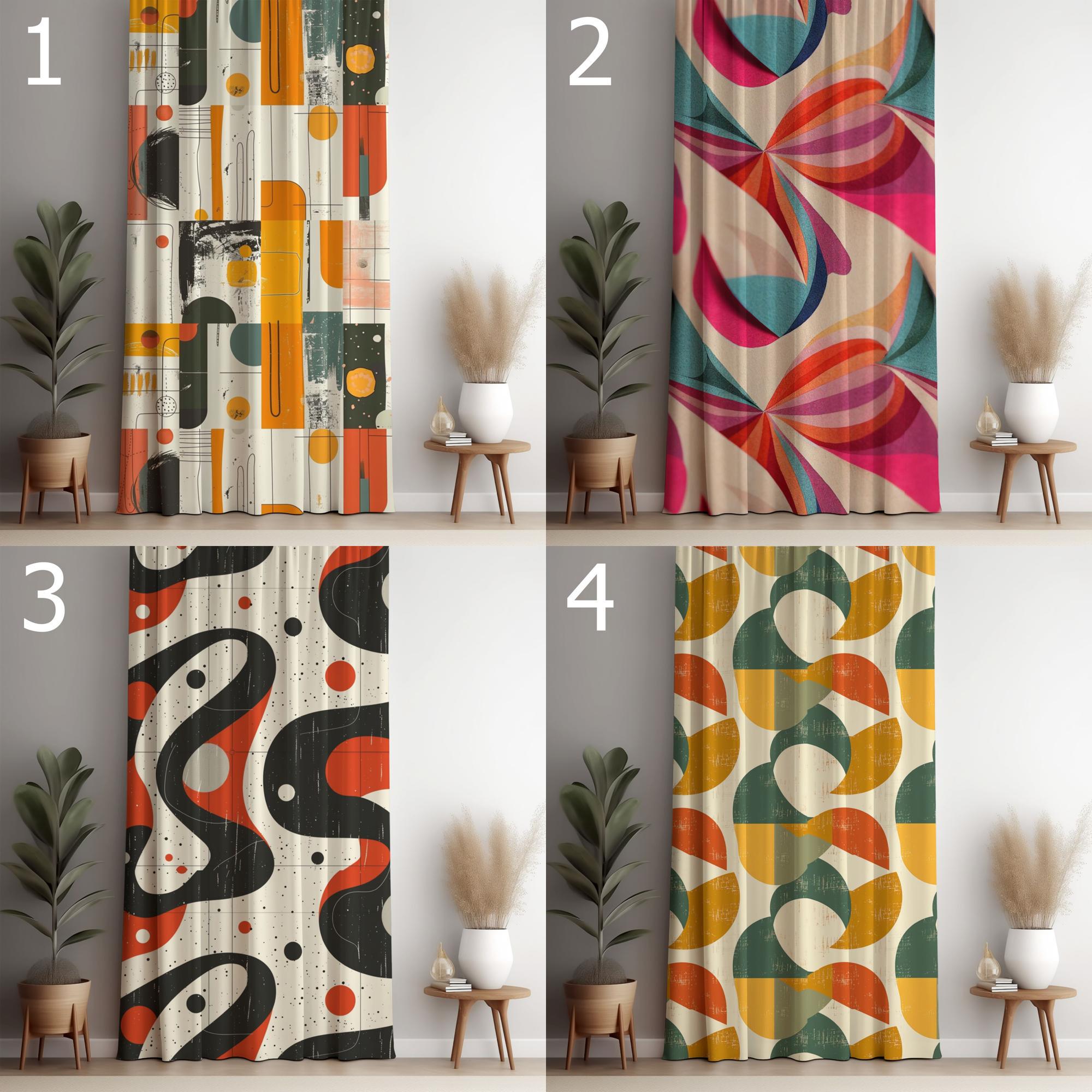 Retro Geometric Curtain, Mid Century Modern Window Panel, Abstract Colorful Drapes, Vintage Style Room Panel Curtains, Modern Art Curtains