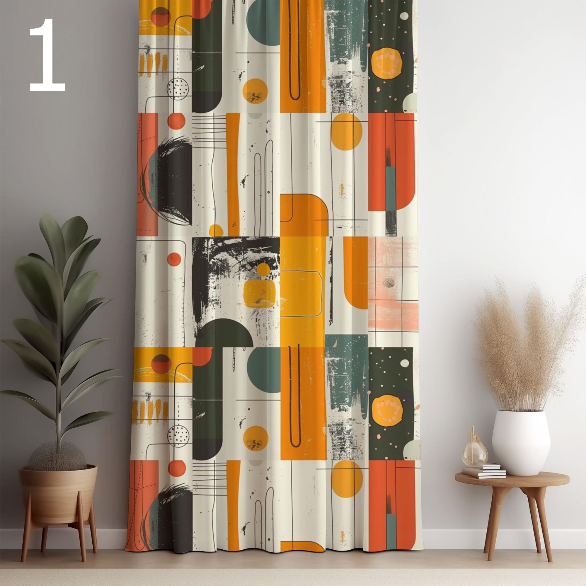 Retro Geometric Curtain, Mid Century Modern Window Panel, Abstract Colorful Drapes, Vintage Style Room Panel Curtains, Modern Art Curtains