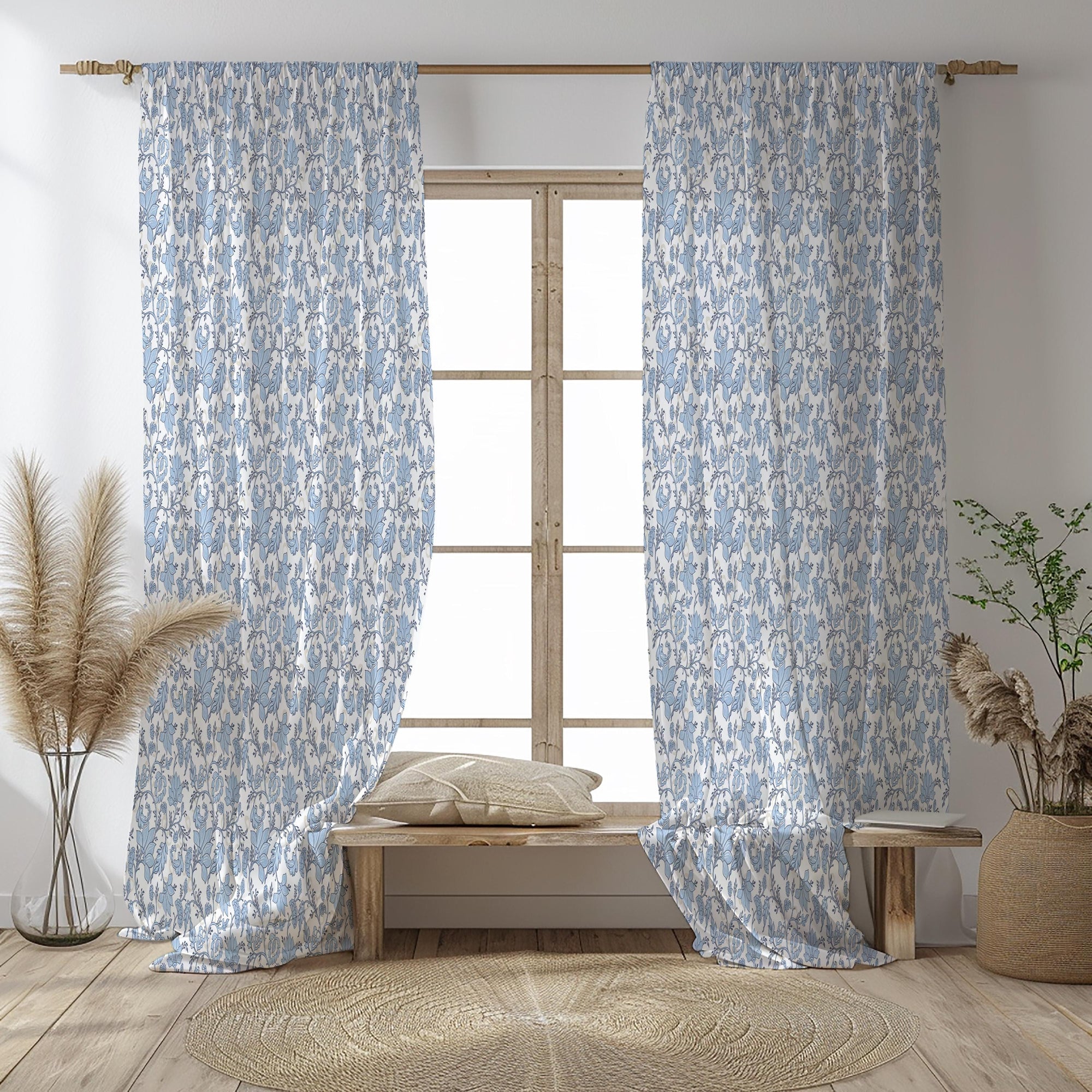 Blue Floral French Country Curtains, Cottagecore Rustic Drapes, Vintage Botanical Window Panels, Farmhouse Panel Curtain