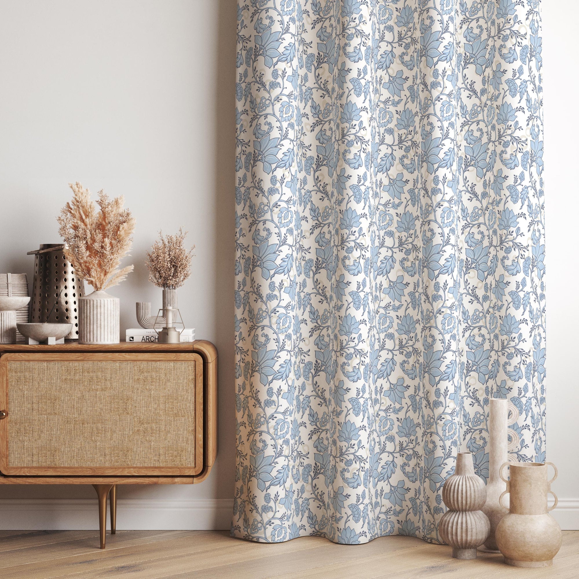 Blue Floral French Country Curtains, Cottagecore Rustic Drapes, Vintage Botanical Window Panels, Farmhouse Panel Curtain