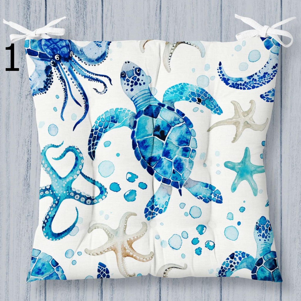 Ocean Square Indoor Chair Pad, Coastal Chair Cushion with Ties, Nautical Style Patio Outdoor Chair Cushions, Sea Turtle Printed Chair Pads