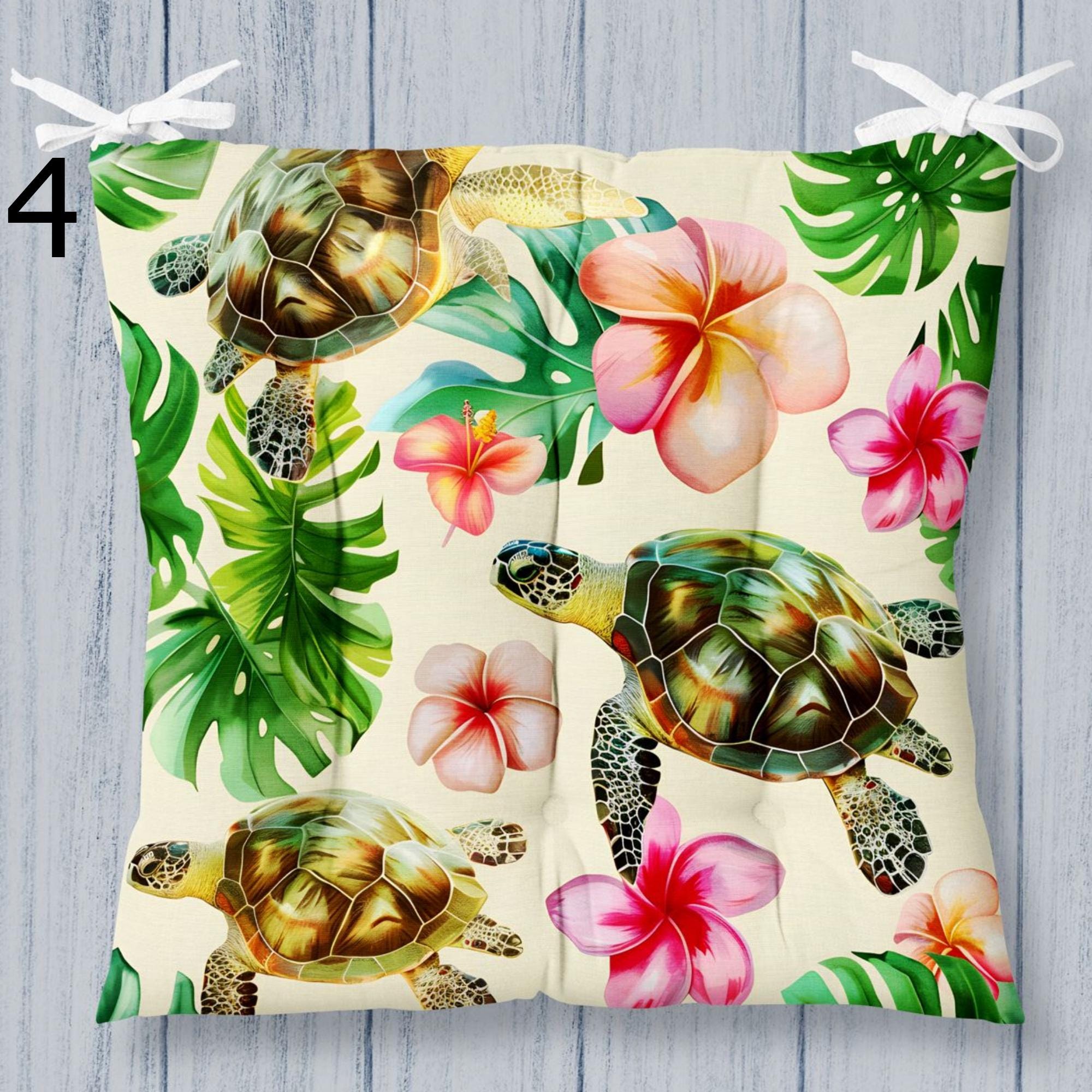 Ocean Square Indoor Chair Pad, Coastal Chair Cushion with Ties, Nautical Style Patio Outdoor Chair Cushions, Sea Turtle Printed Chair Pads