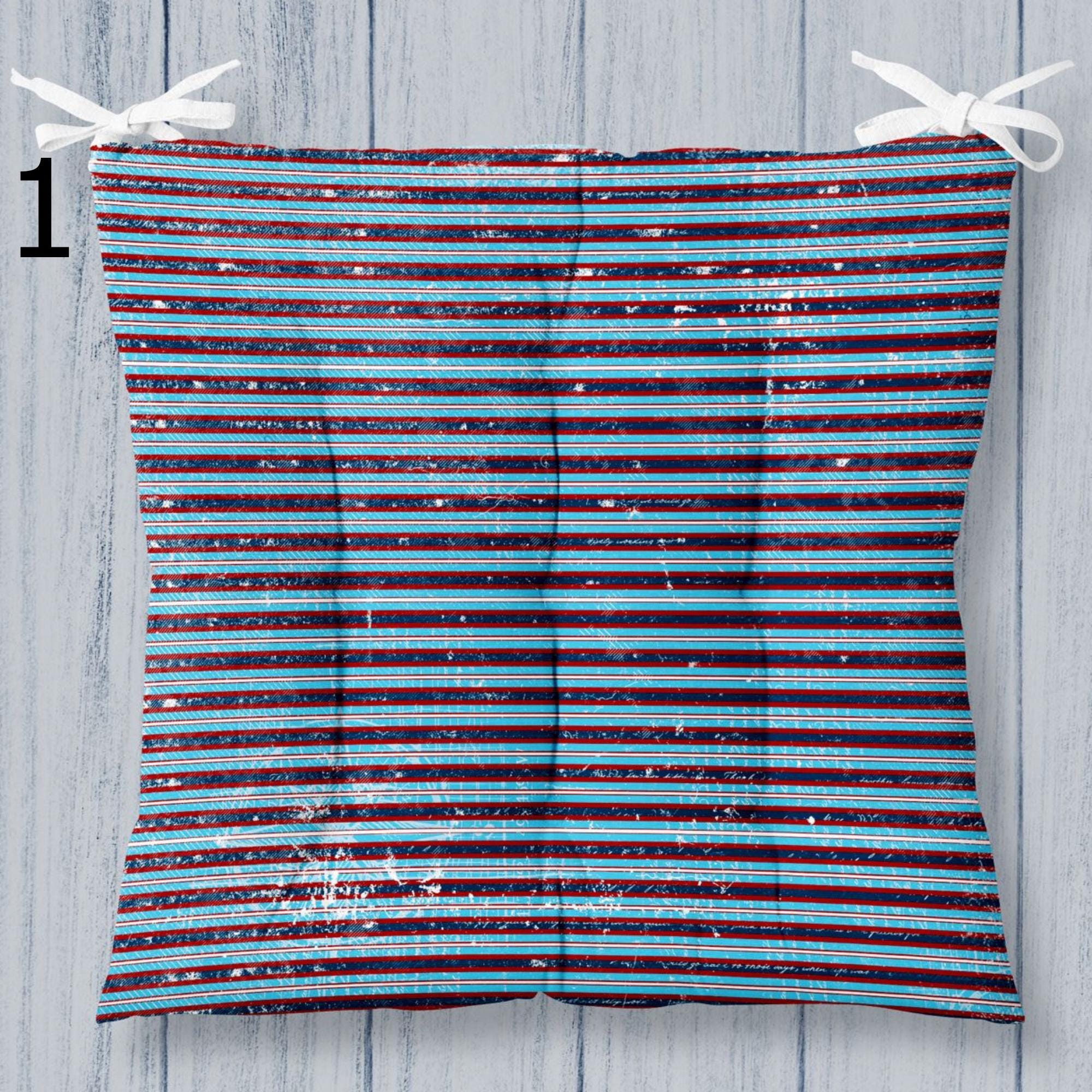 Striped Square Chair Pad, Coastal Chair Cushion with Ties, Nautical Style Patio Chair Cushions, Marine Printed Chair Pads