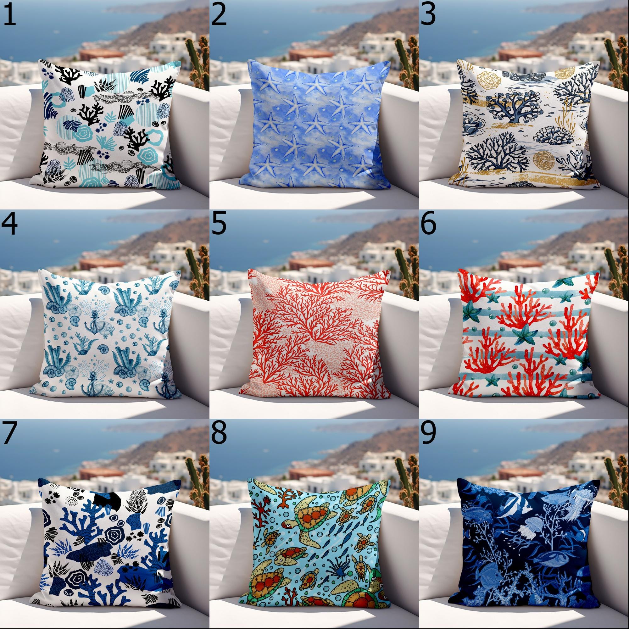 Nautical Outdoor Pillow Covers, Waterproof Coral Cushion Cover, Outdoor Sea Cratures Waterproof Pillowcase, Coastal Patio Cushion Covers