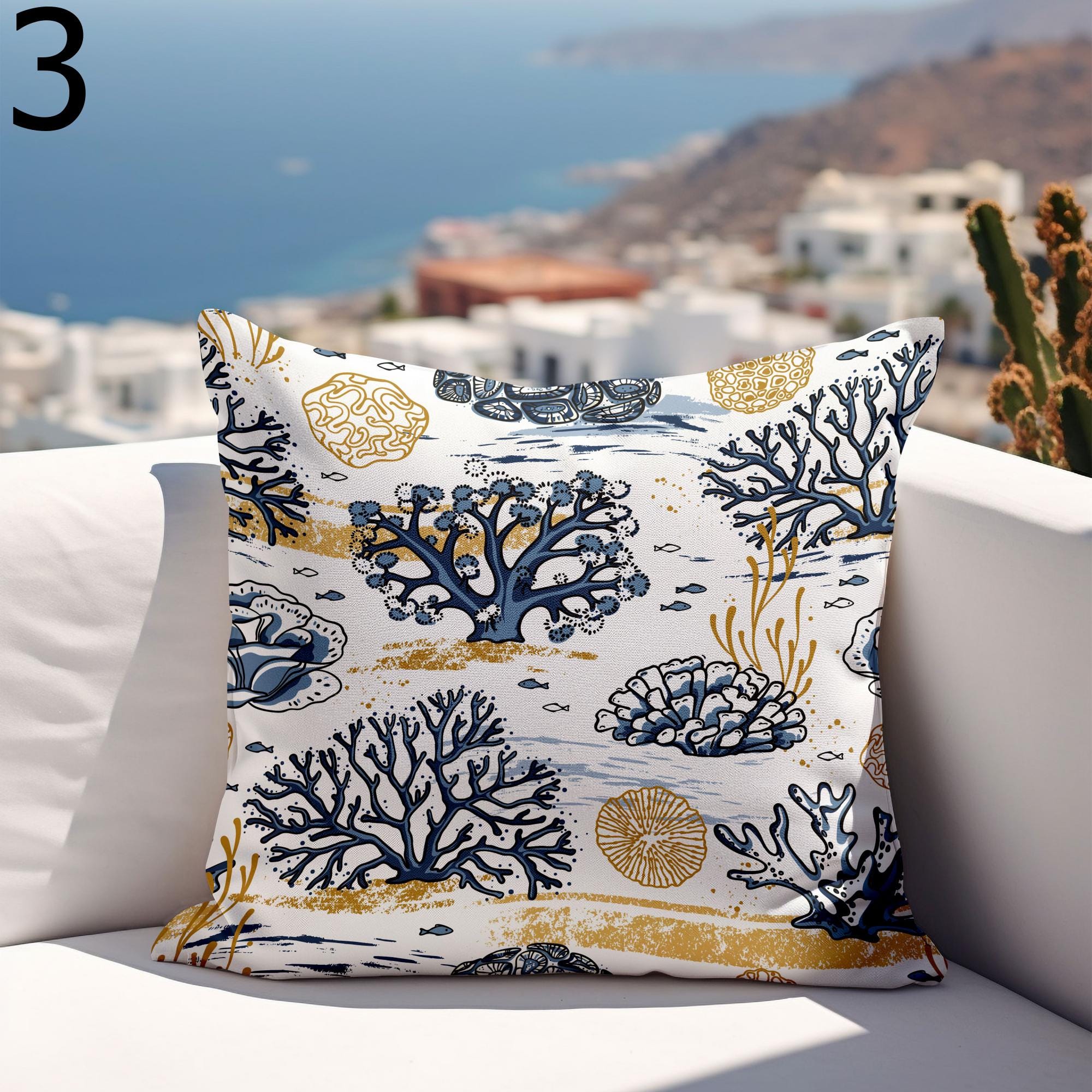 Nautical Outdoor Pillow Covers, Waterproof Coral Cushion Cover, Outdoor Sea Cratures Waterproof Pillowcase, Coastal Patio Cushion Covers