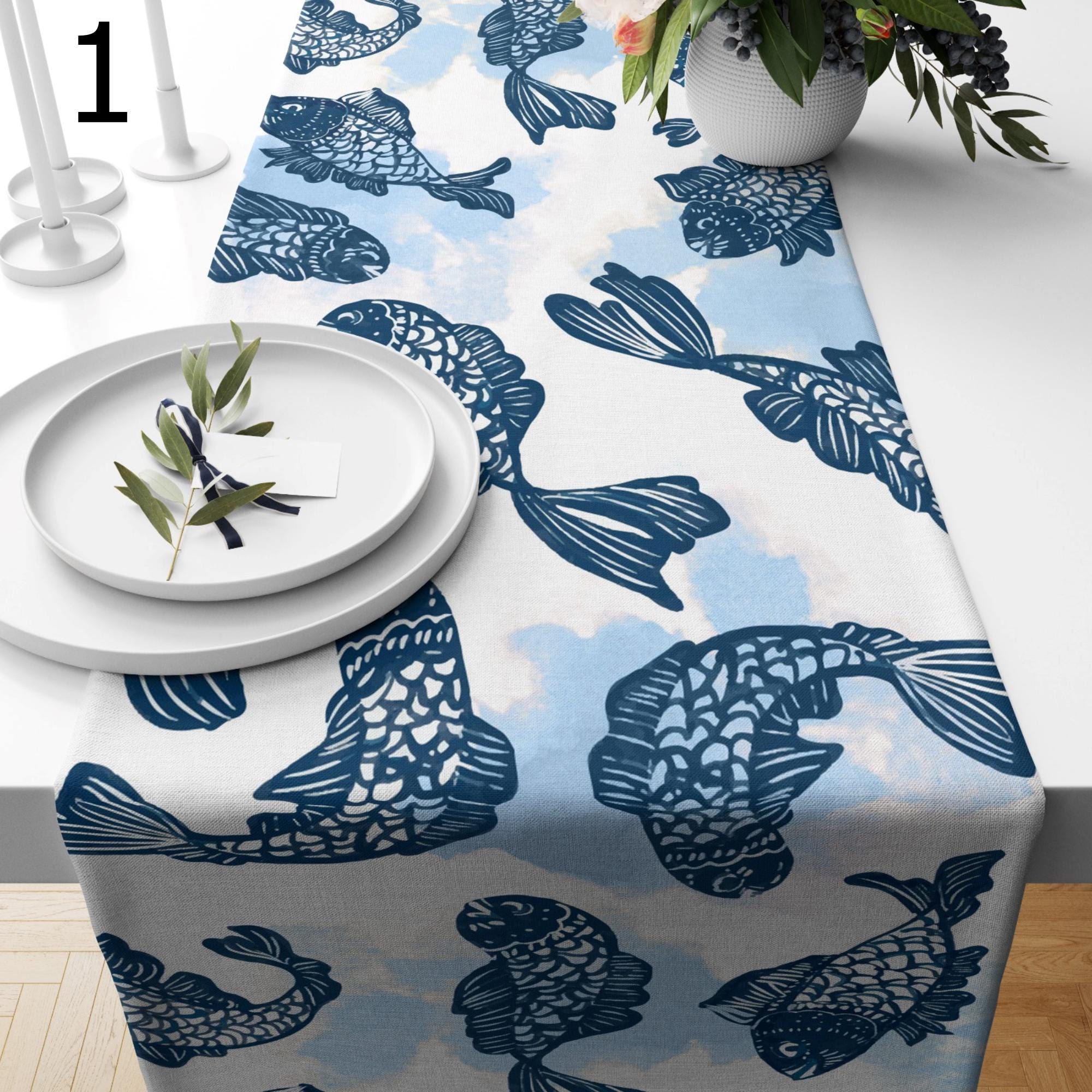 Japanese Koi Fish Table Runner, Blue Wave Table Decor, Zen Minimalist Dining Table Runners, Asian Inspired Runners