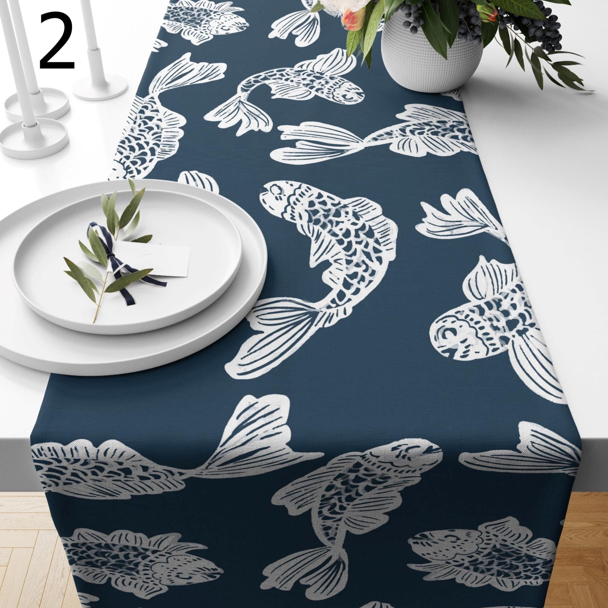 Japanese Koi Fish Table Runner, Blue Wave Table Decor, Zen Minimalist Dining Table Runners, Asian Inspired Runners
