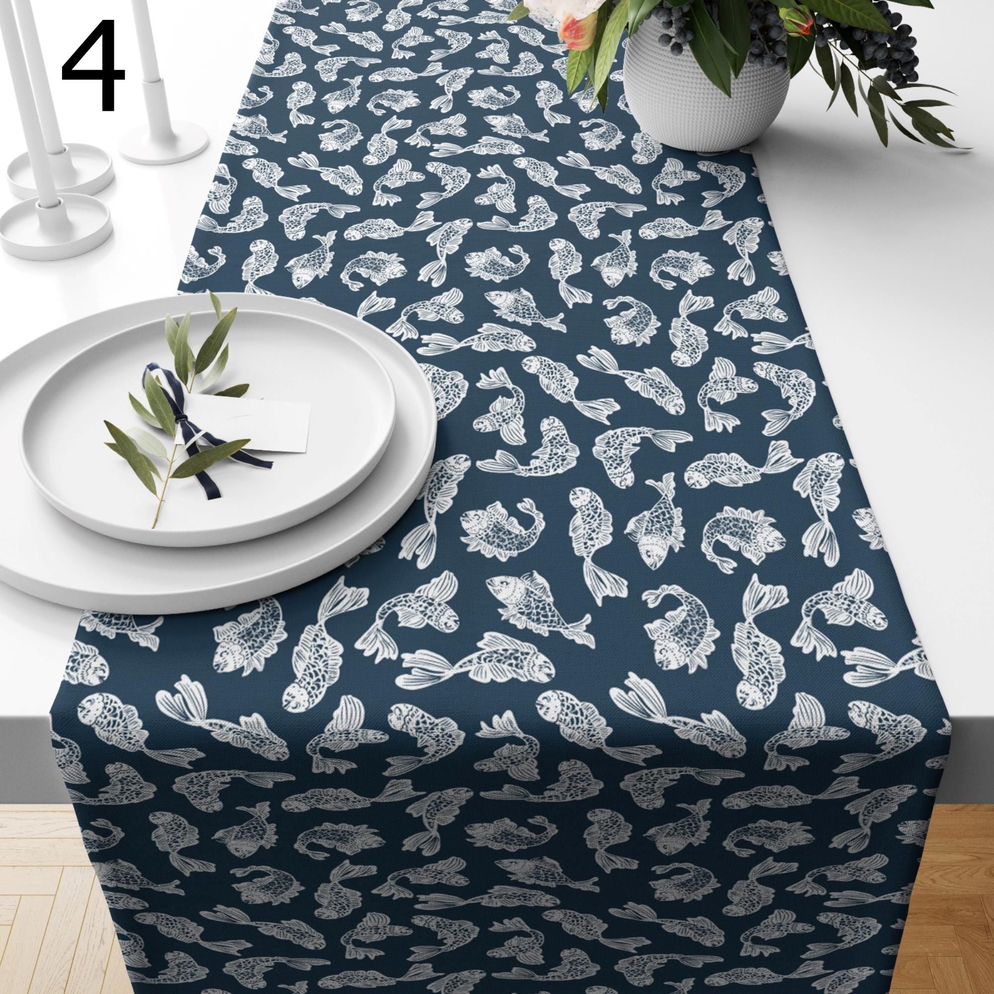 Japanese Koi Fish Table Runner, Blue Fish Table Decor, Zen Minimalist Dining Table Runners, Asian Inspired Runners