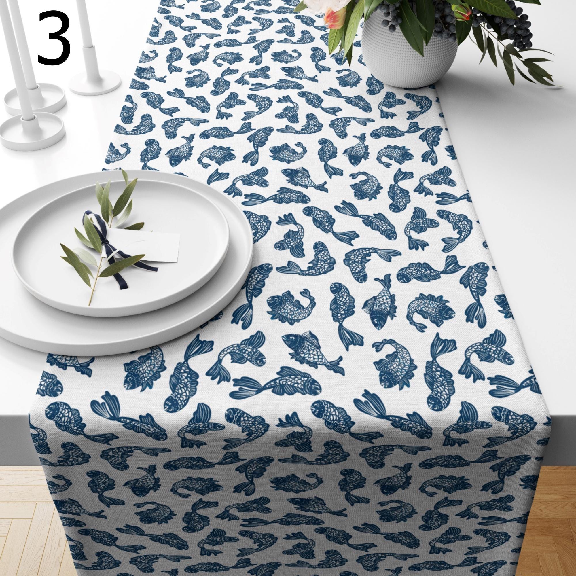 Japanese Koi Fish Table Runner, Blue Fish Table Decor, Zen Minimalist Dining Table Runners, Asian Inspired Runners