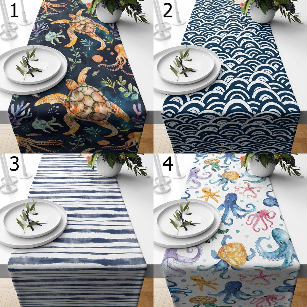 Nautical Animals Table Runner, Coastal Sea Turtle Table Runners, Coastal Elegance Runners, Octopus Table Runner, Beach House Dining Runners
