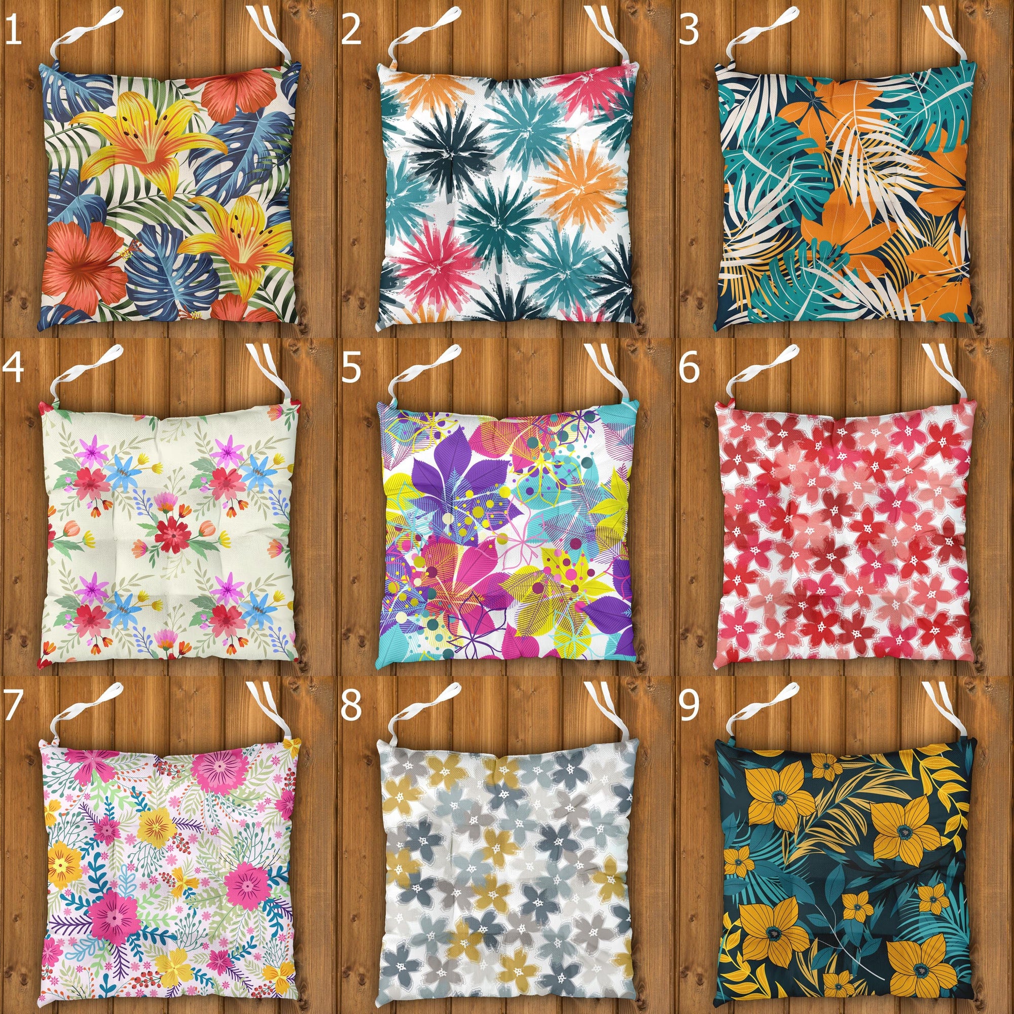 Exotic Flowers Print Chair Pads, Botanical Flowers Seat Cushions, Tropical Chair Cushions, Botanical Seat Pads, Hawaiian Outdoor Cushions