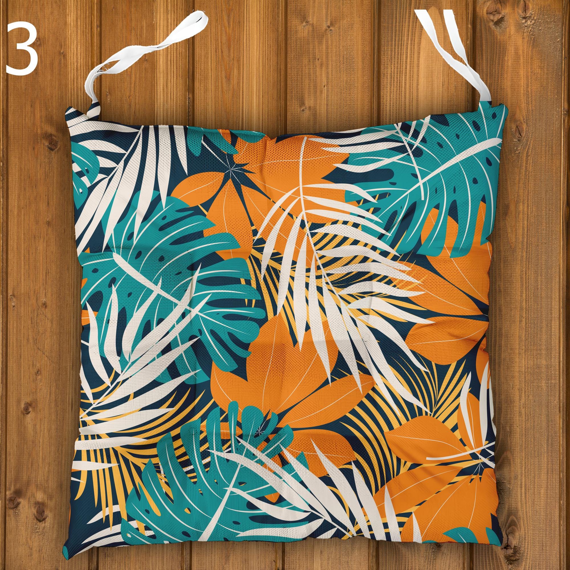 Exotic Flowers Print Chair Pads, Botanical Flowers Seat Cushions, Tropical Chair Cushions, Botanical Seat Pads, Hawaiian Outdoor Cushions