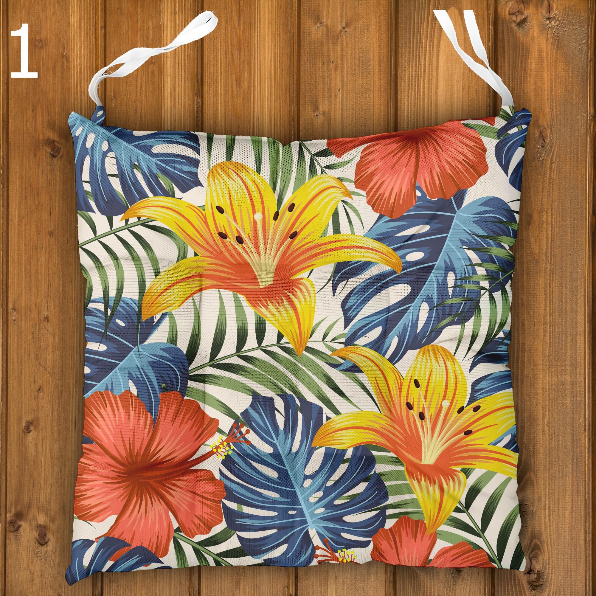 Exotic Flowers Print Chair Pads, Botanical Flowers Seat Cushions, Tropical Chair Cushions, Botanical Seat Pads, Hawaiian Outdoor Cushions