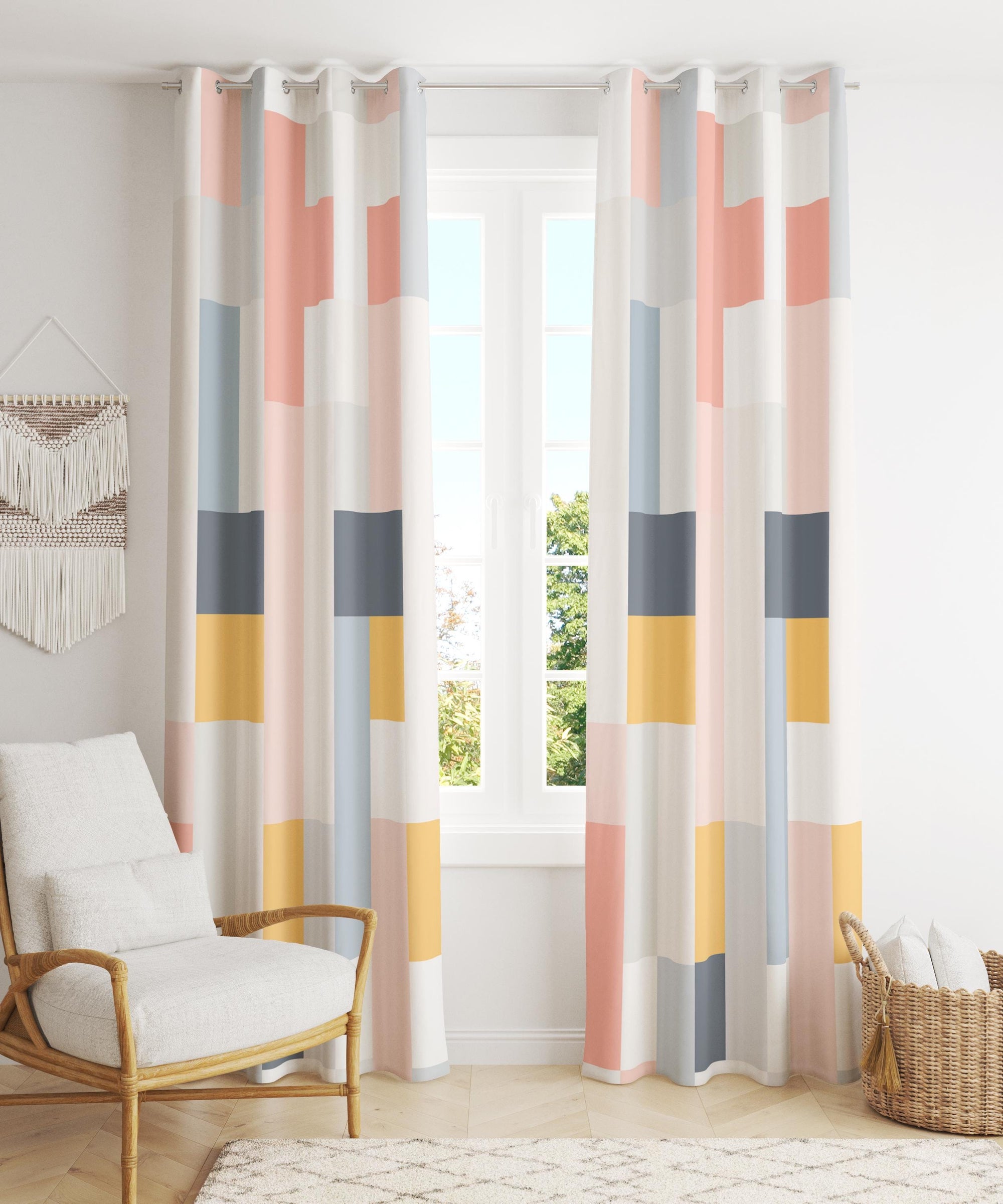 Retro Geometric Abstract Curtains, Retro Style Window Curtains, Mid Century Geometric Style Print Drapes, 70s Curtains