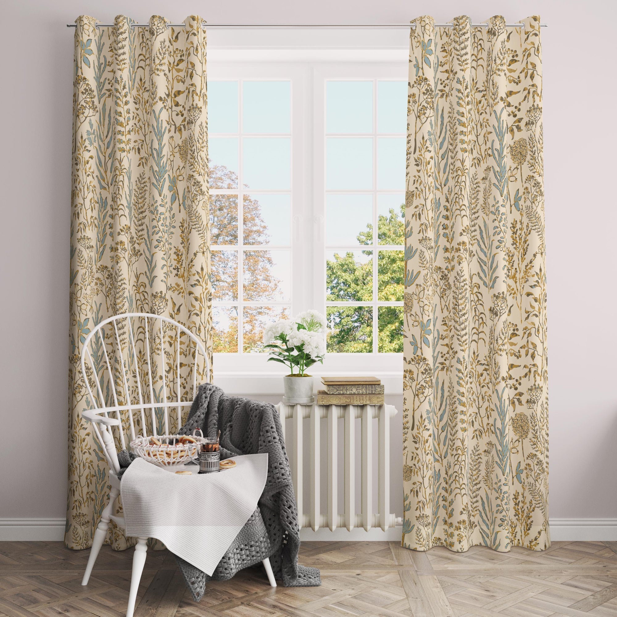 Modern Vintage Floral Herbal Print Curtains, Farmhouse Wildflowers Leaves Curtain, Botanical Floral Curtain, Floral Window Grommet Drapes