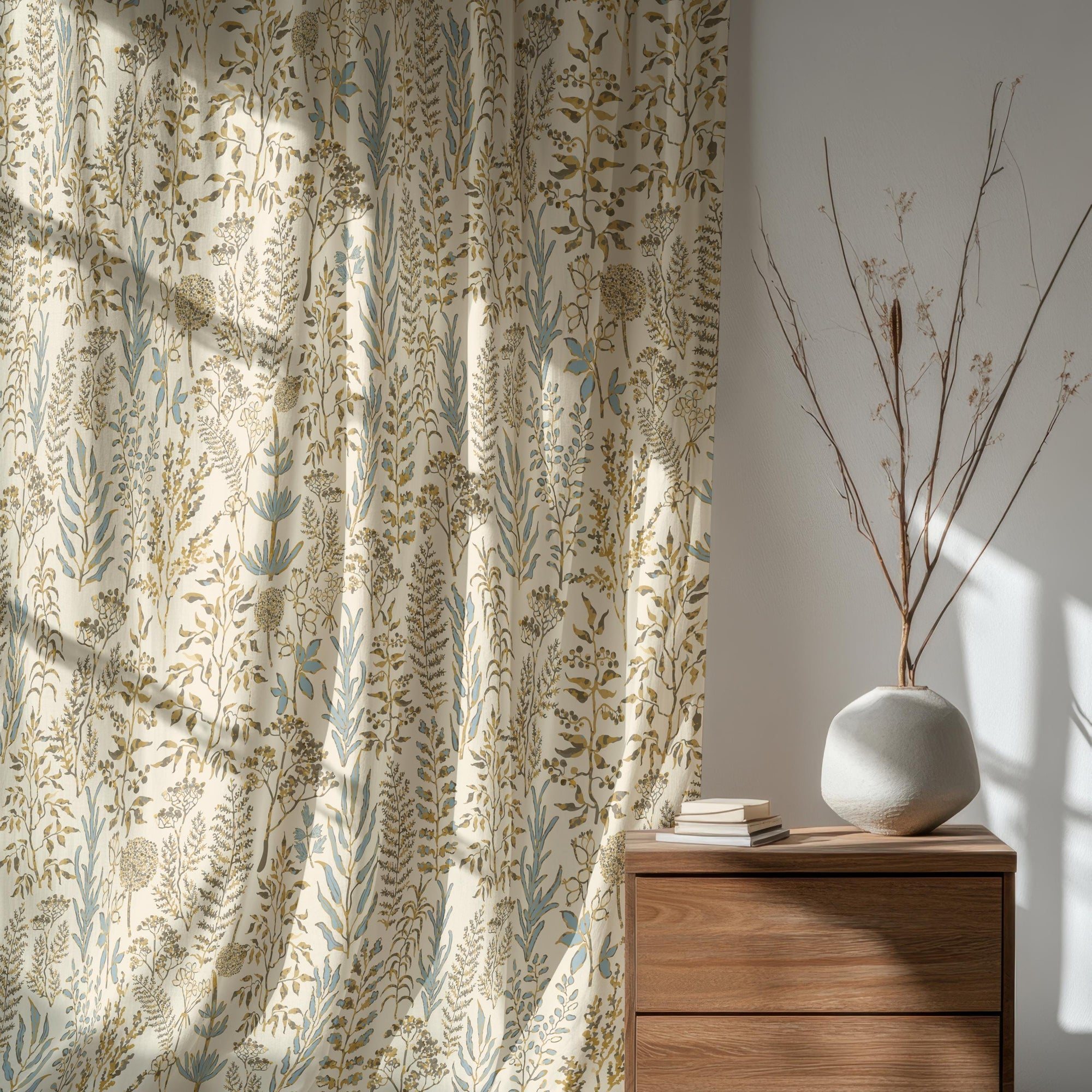 Modern Vintage Floral Herbal Print Curtains, Farmhouse Wildflowers Leaves Curtain, Botanical Floral Curtain, Floral Window Grommet Drapes