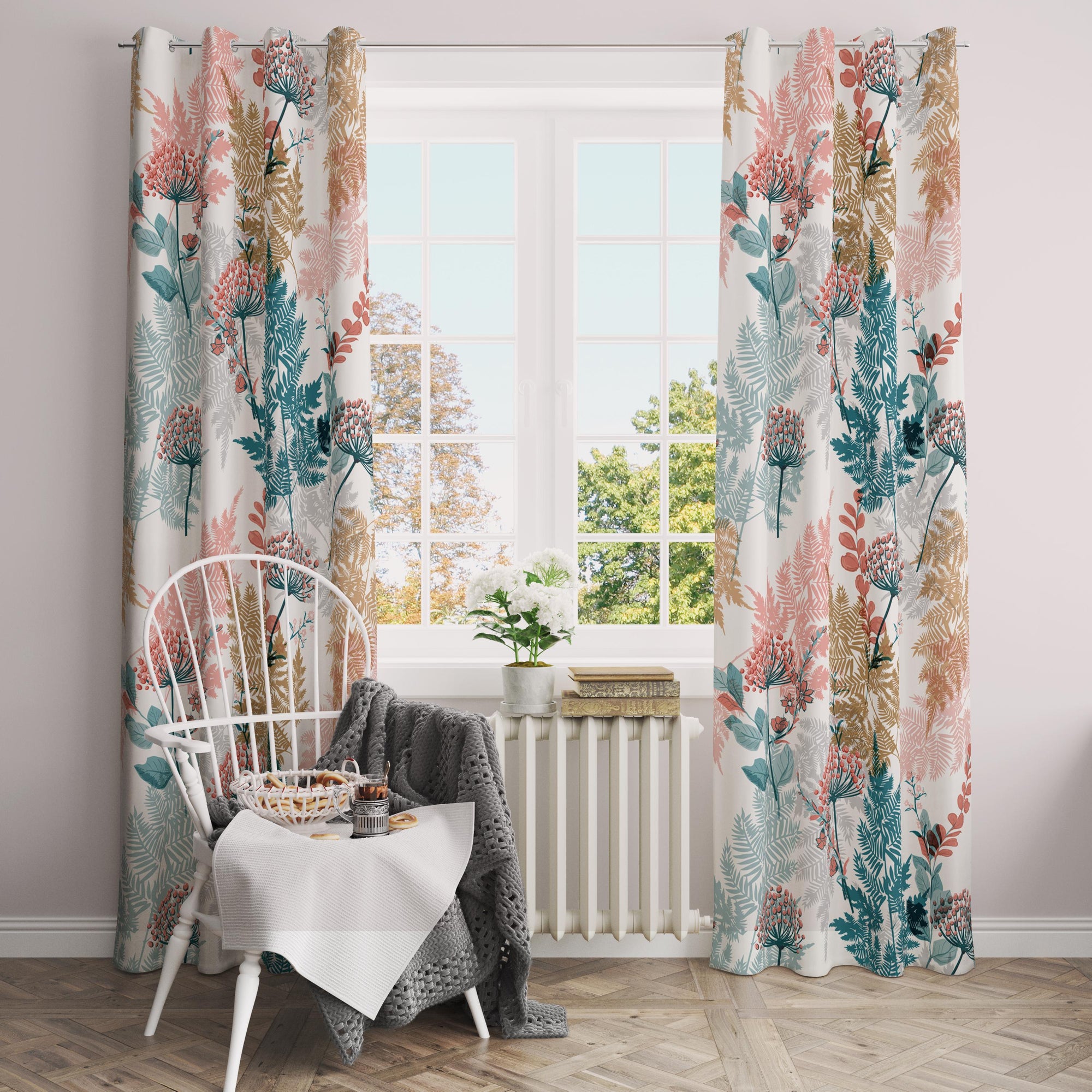 Botanical Floral Curtain Panel, Nature-Inspired Fern and Wildflower Drapes, Modern Pastel Window Panels