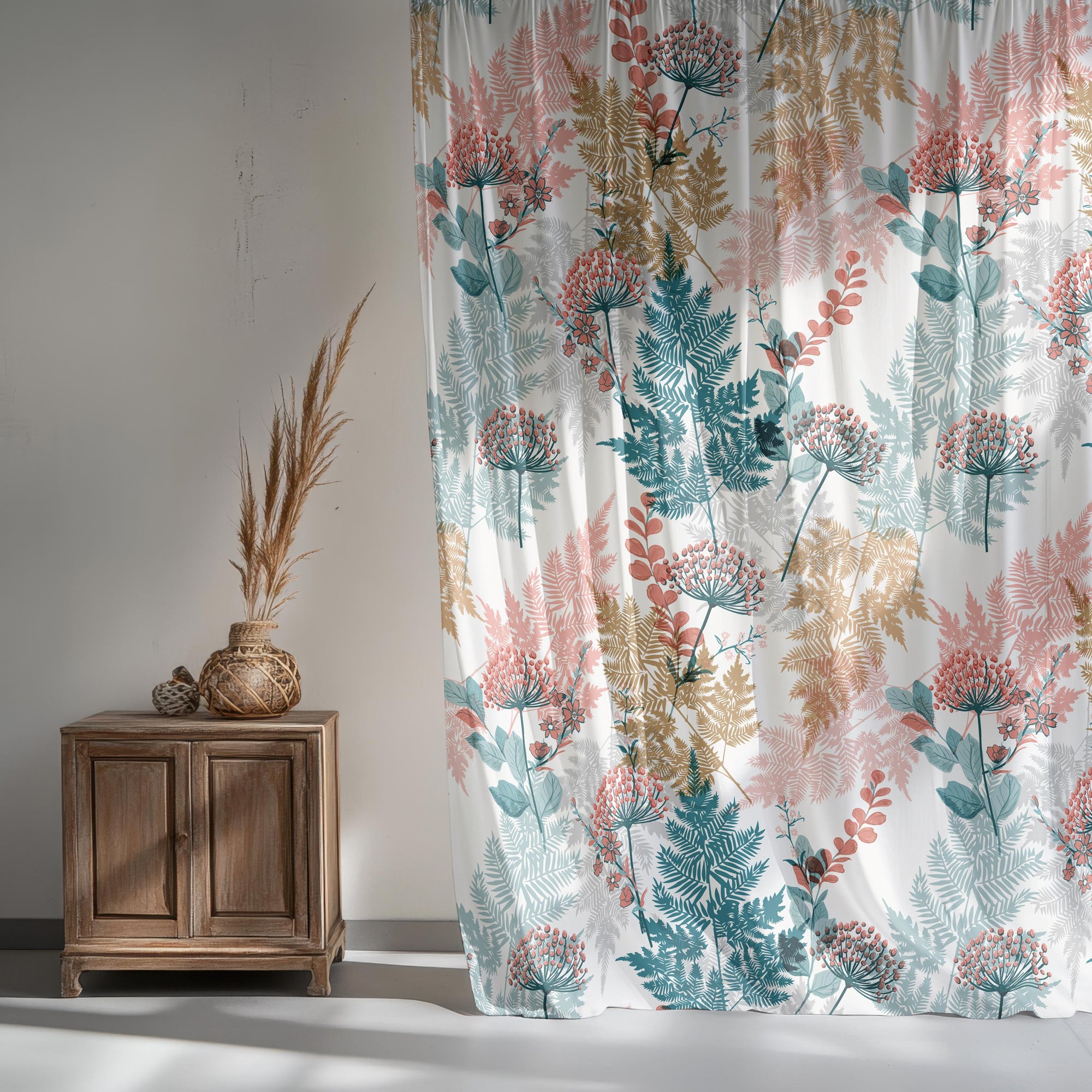 Botanical Floral Curtain Panel, Nature-Inspired Fern and Wildflower Drapes, Modern Pastel Window Panels