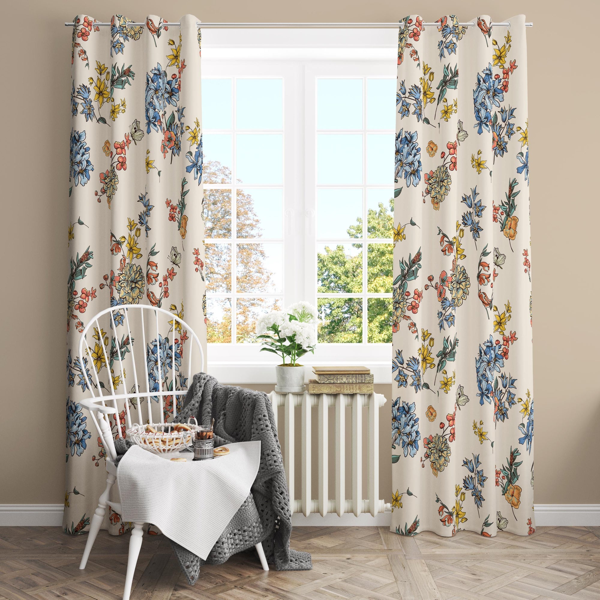 Farmhouse Wildflowers Curtain, Modern Vintage Floral Print Curtains, Botanical Flowers Curtains, Colorful Floral Window Grommet Drapes