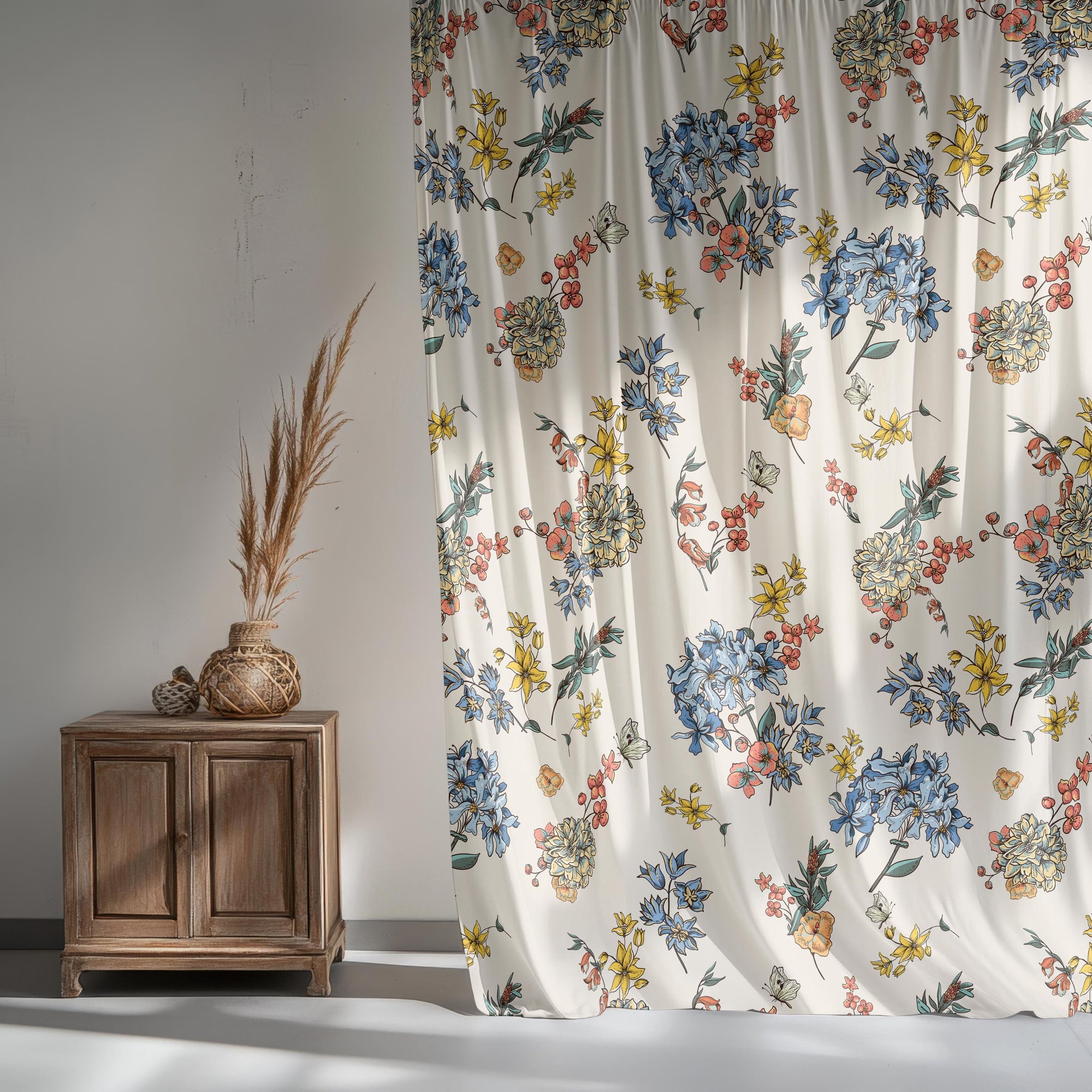 Farmhouse Wildflowers Curtain, Modern Vintage Floral Print Curtains, Botanical Flowers Curtains, Colorful Floral Window Grommet Drapes