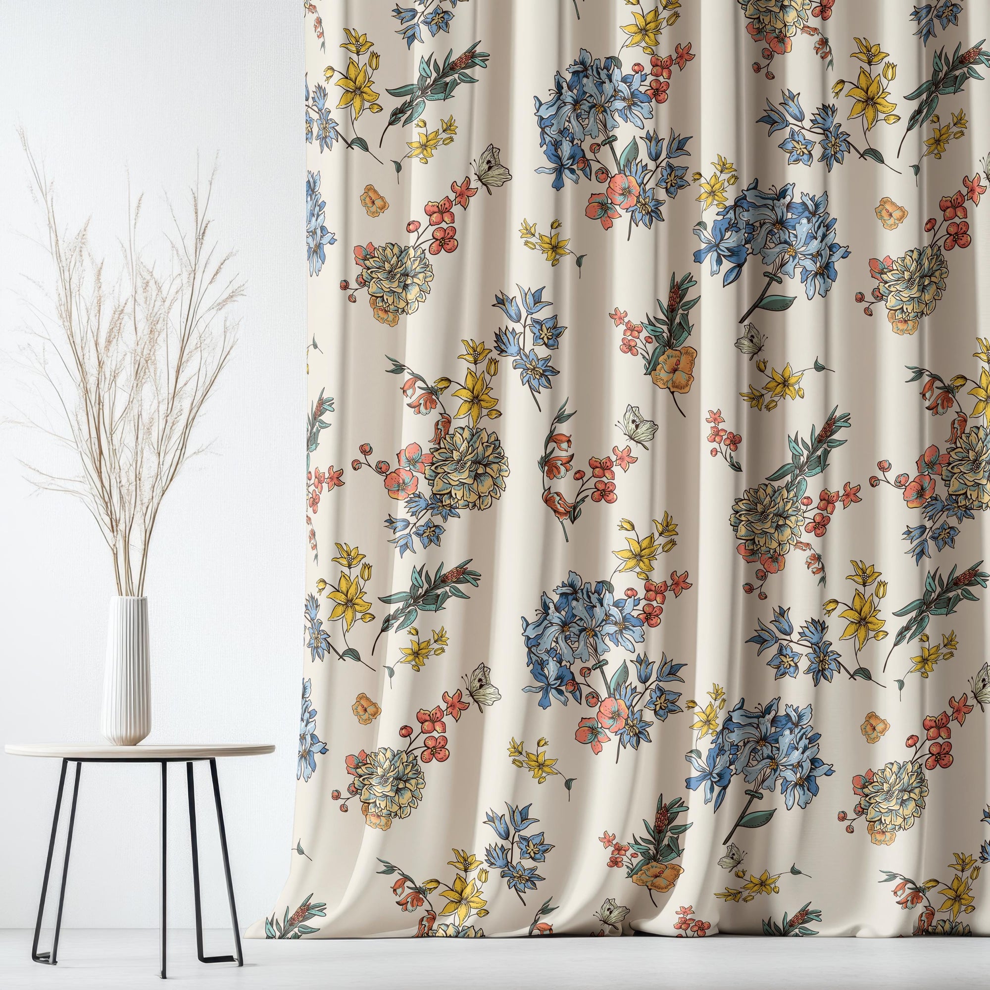 Farmhouse Wildflowers Curtain, Modern Vintage Floral Print Curtains, Botanical Flowers Curtains, Colorful Floral Window Grommet Drapes