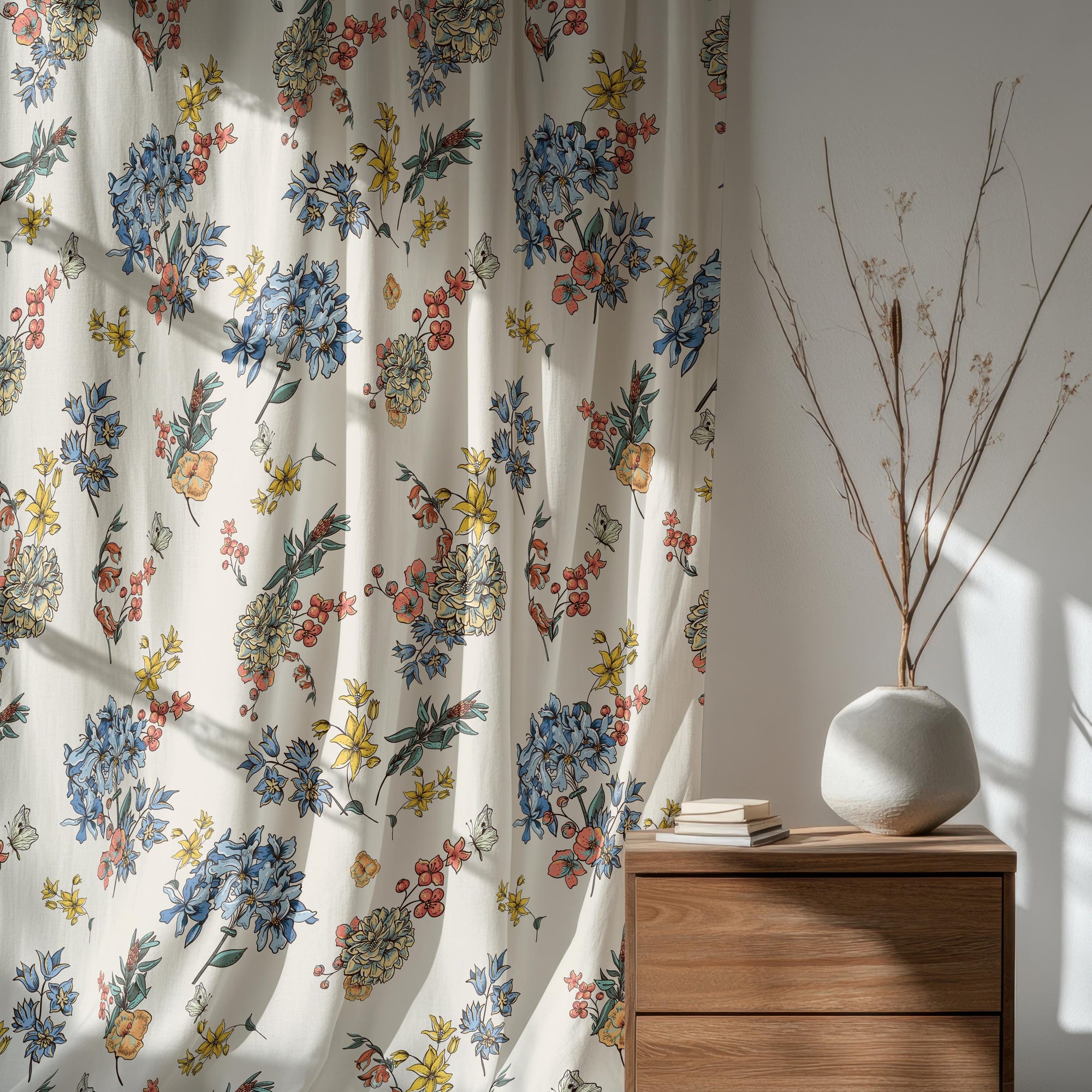 Farmhouse Wildflowers Curtain, Modern Vintage Floral Print Curtains, Botanical Flowers Curtains, Colorful Floral Window Grommet Drapes
