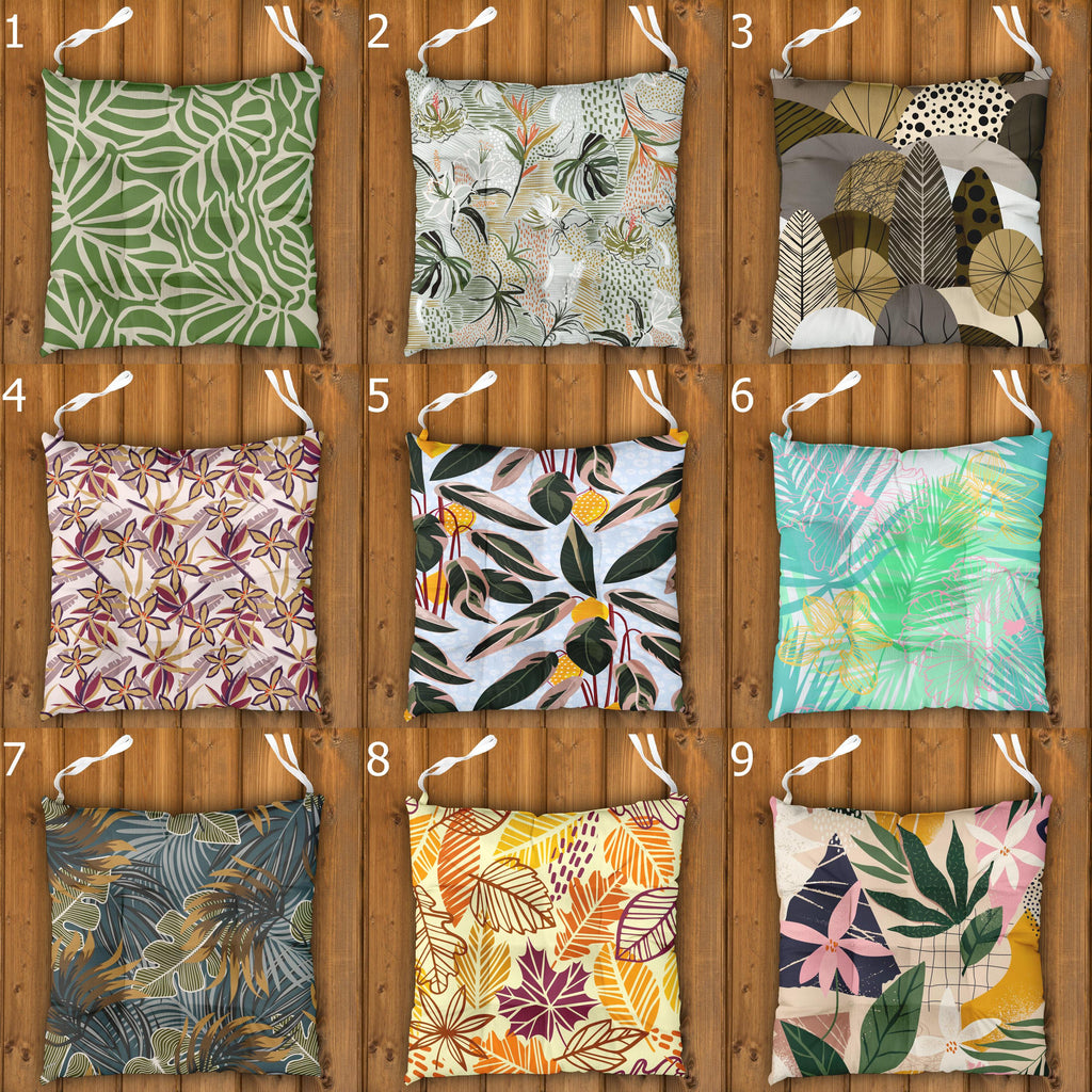 Tropical Chair Cushions, Botanical Seat Pads, Outdoor Patio Cushions, Leaf Print Chair Pads, Boho Garden Seat Cushions