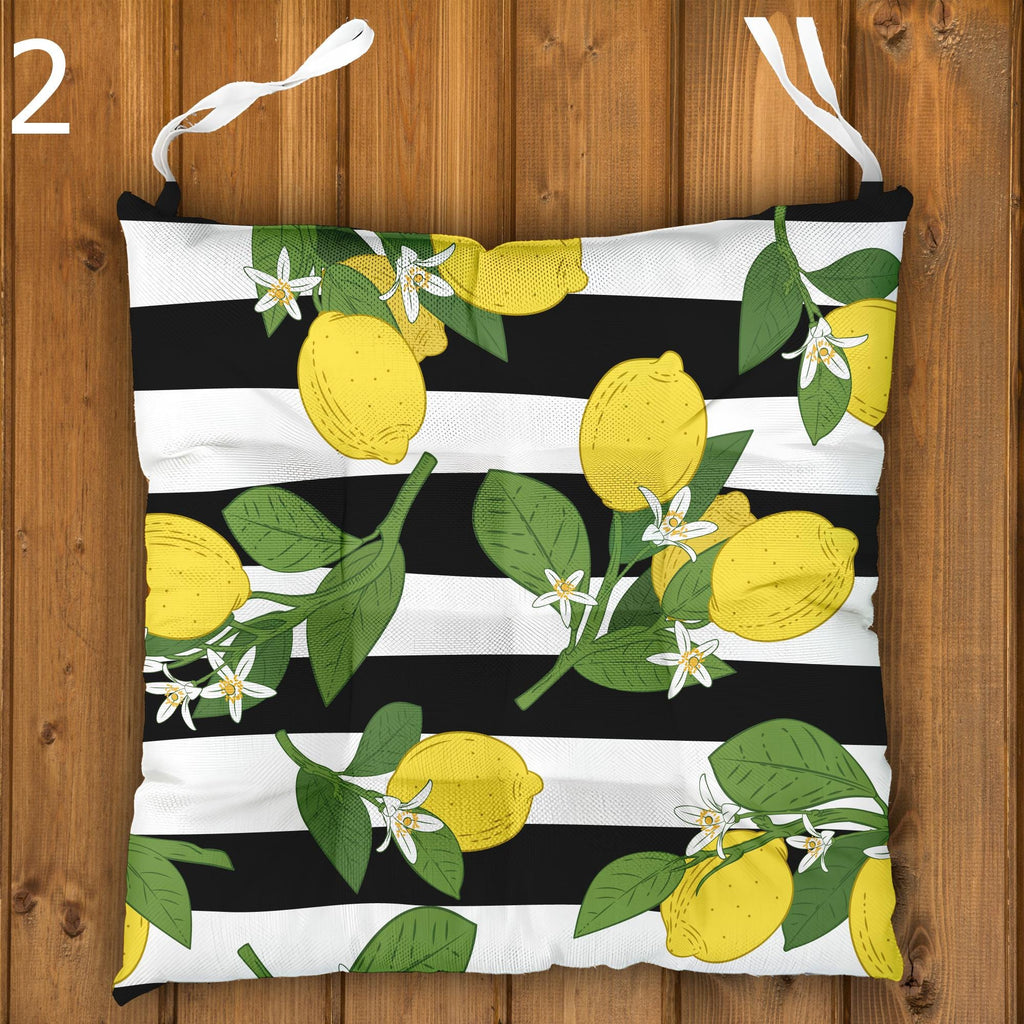 Lemon Chair Cushions, Lemon Print Seat Pads, Summer Yellow Green Chair Pads, Mediterranean Kitchen Chair Cushion Pads, Lemon Patio Seat Pads