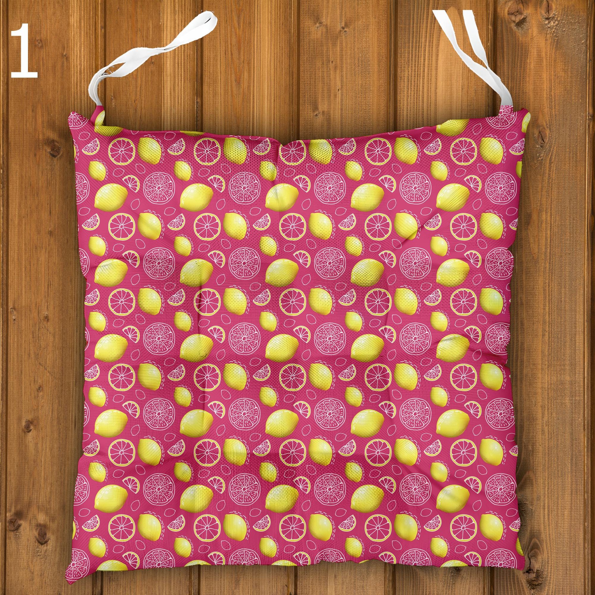 Lemon Chair Cushions, Lemon Print Seat Pads, Summer Yellow Green Chair Pads, Mediterranean Kitchen Chair Cushion Pads, Lemon Patio Seat Pads