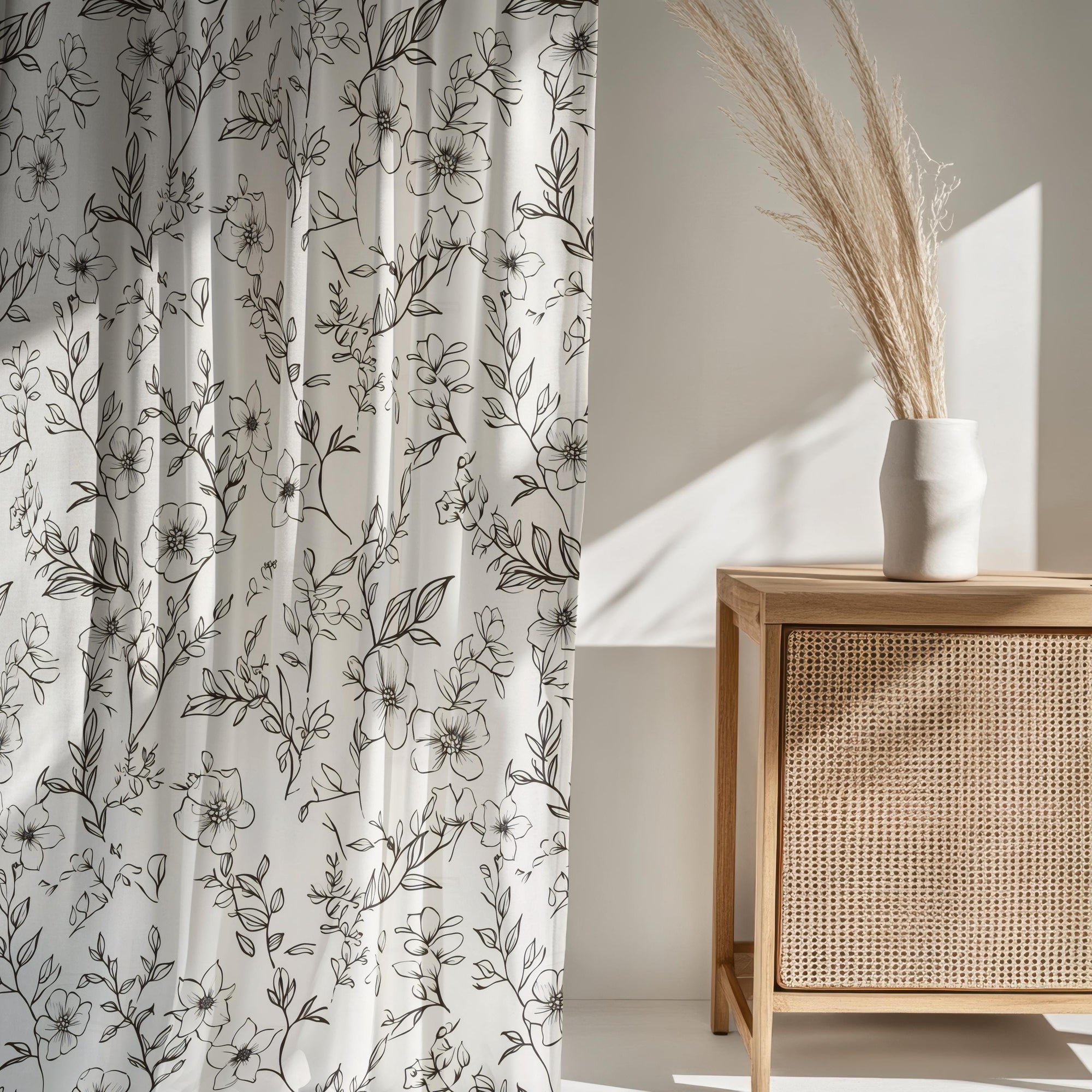 Vintage Floral Print Curtains, Hand Drawn Botanical Curtain, Black and White Flowers Curtains, Floral Window Grommet Drapes