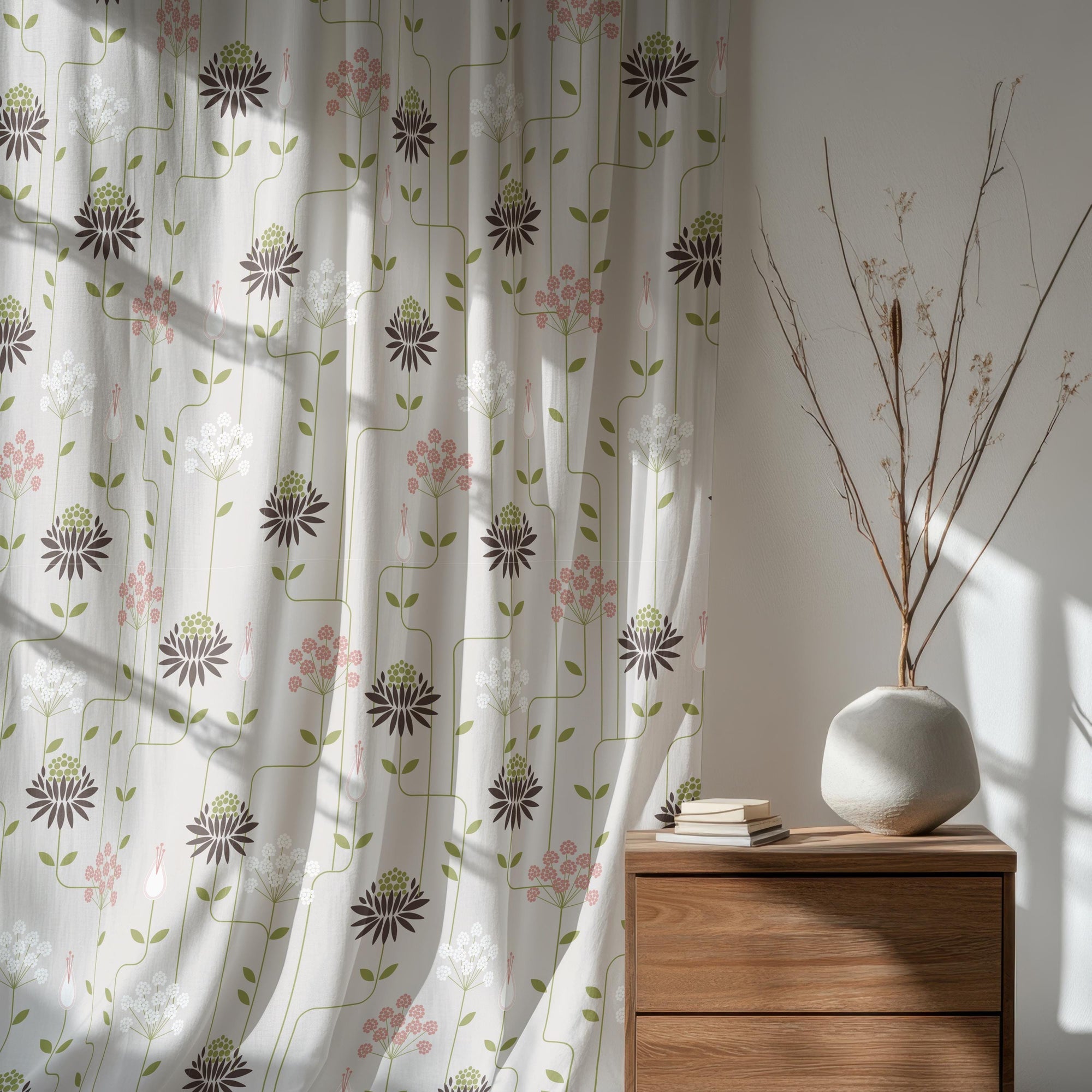 Floral Print Curtains, Floral Abstract Curtain Panels, Abstract Dandelion Flowers Curtains, Retro Flower Geometric Window Curtains