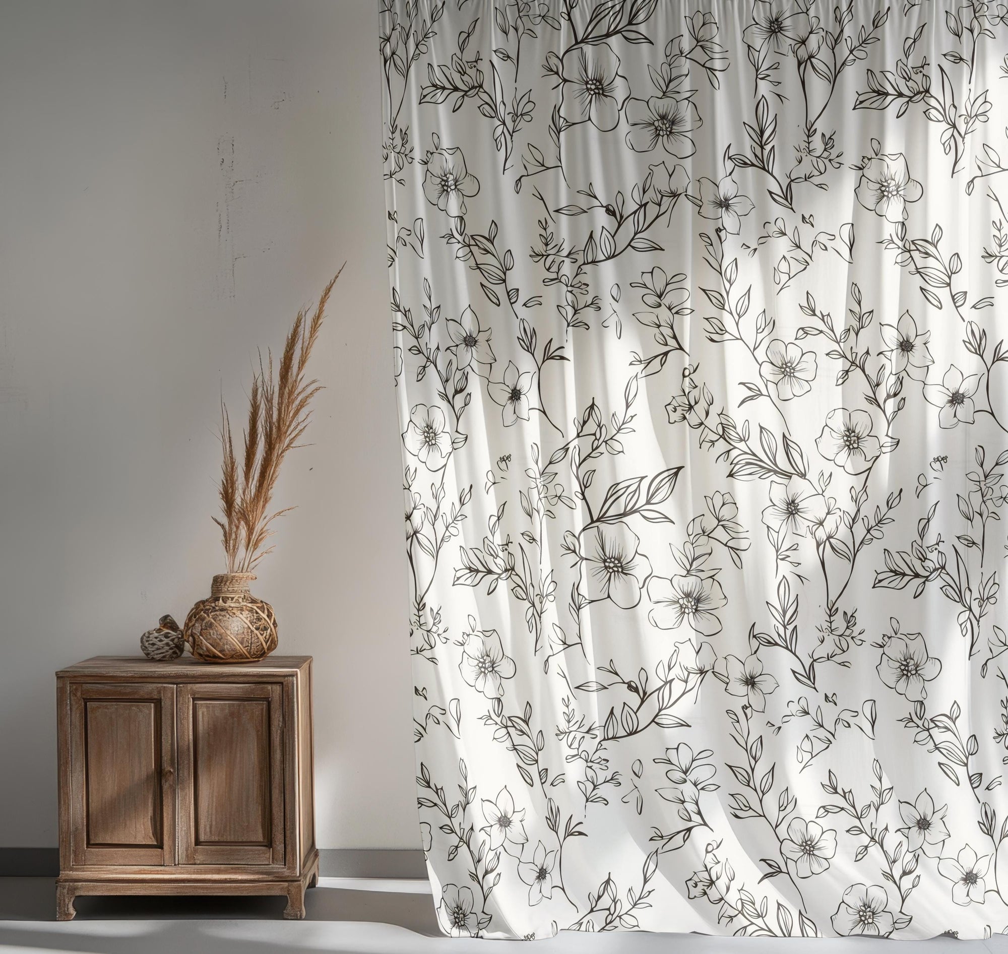 Vintage Floral Print Curtains, Hand Drawn Botanical Curtain, Black and White Flowers Curtains, Floral Window Grommet Drapes