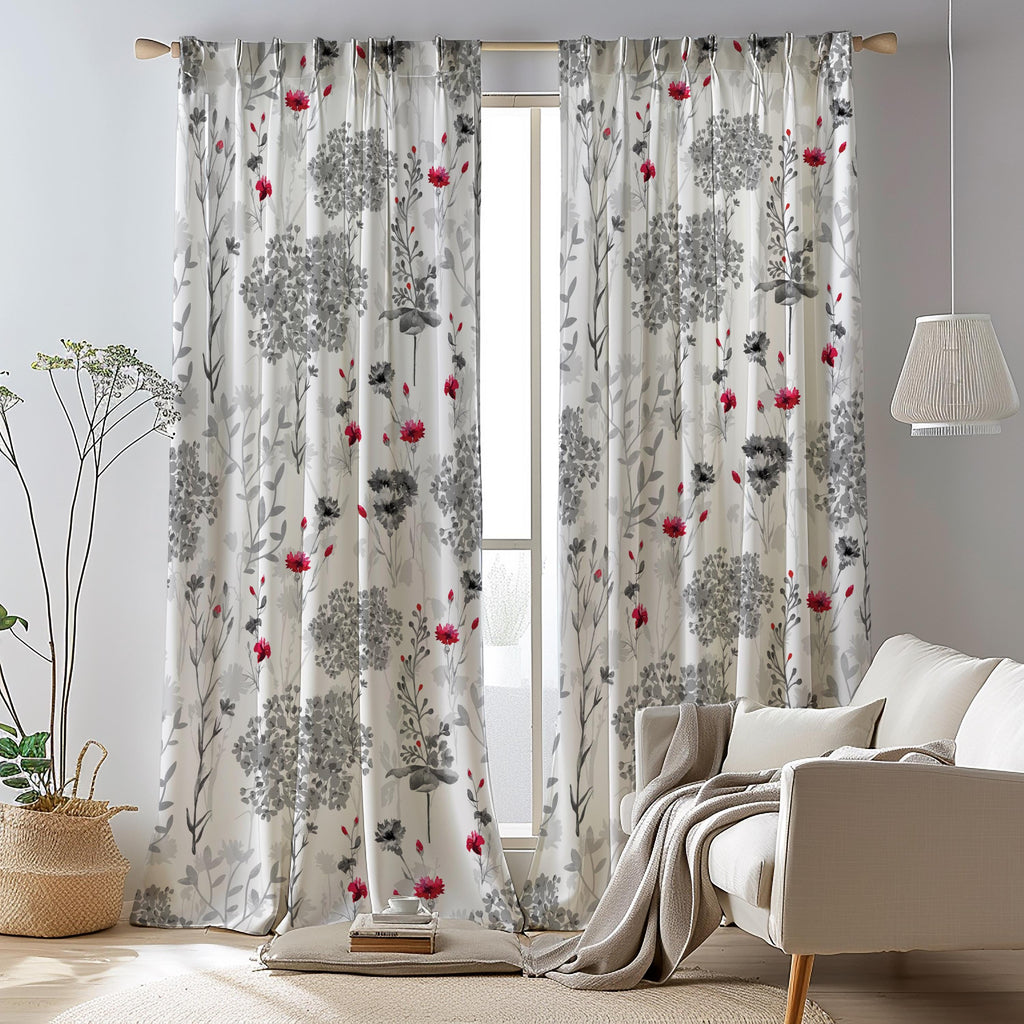 Grey Red Floral Abstract Curtain Panels, Floral Print Curtains, Abstract Flowers Drapes, Grey Red Floral Window Curtain Panels