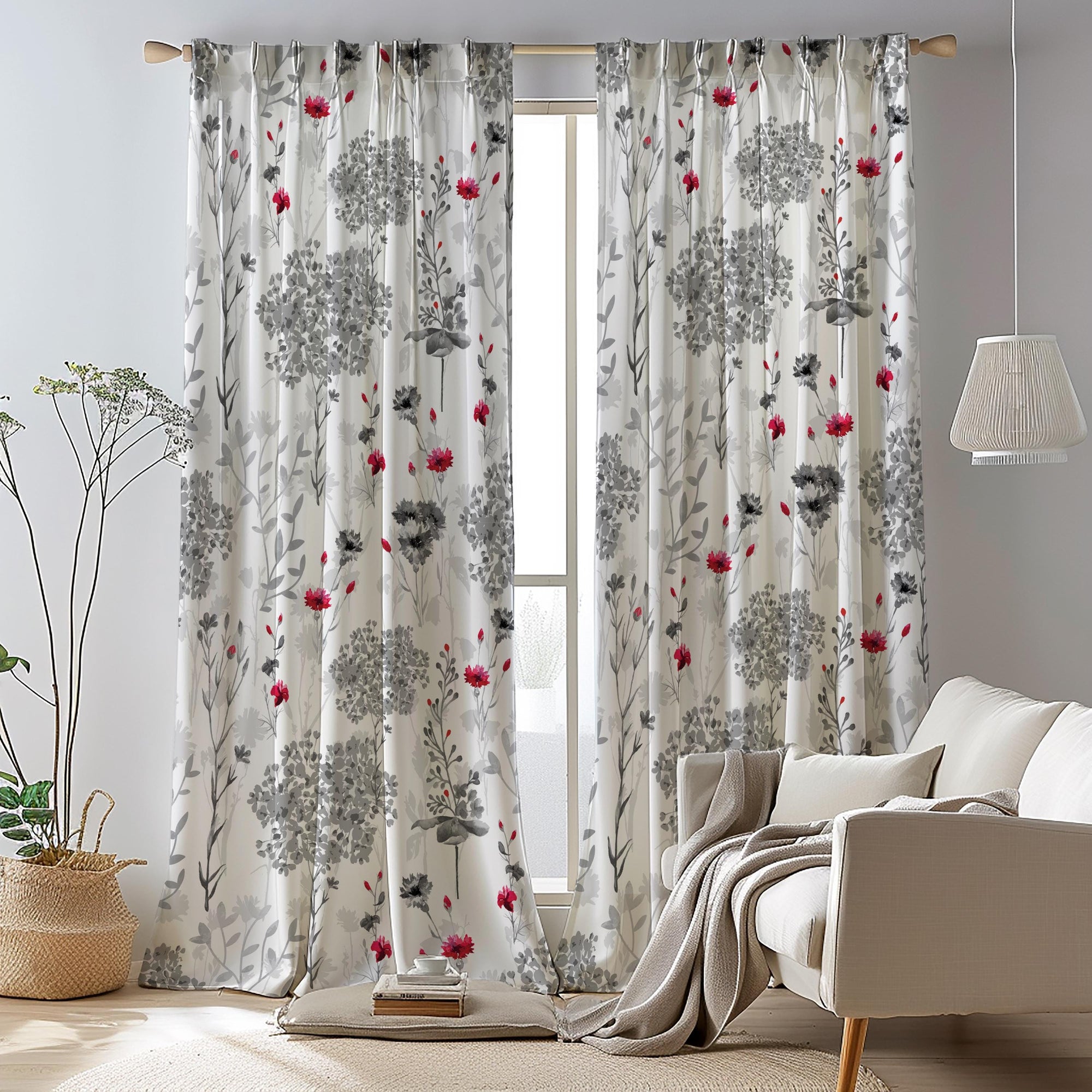 Grey Red Floral Abstract Curtain Panels, Floral Print Curtains, Abstract Flowers Drapes, Grey Red Floral Window Curtain Panels