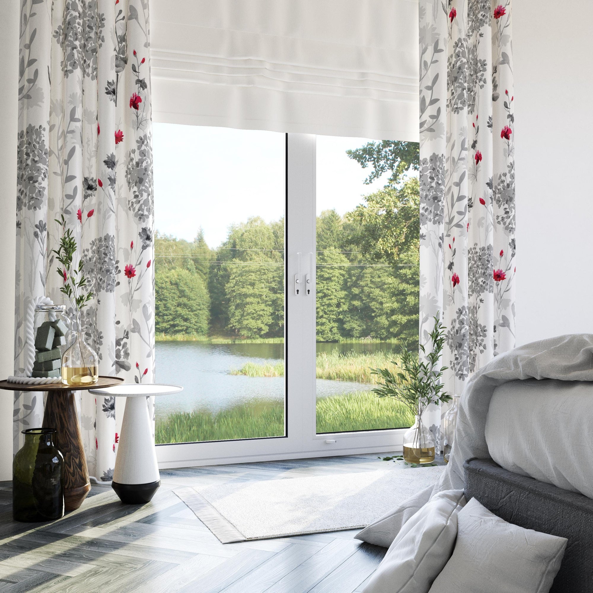 Grey Red Floral Abstract Curtain Panels, Floral Print Curtains, Abstract Flowers Drapes, Grey Red Floral Window Curtain Panels