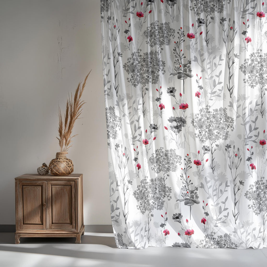 Grey Red Floral Abstract Curtain Panels, Floral Print Curtains, Abstract Flowers Drapes, Grey Red Floral Window Curtain Panels