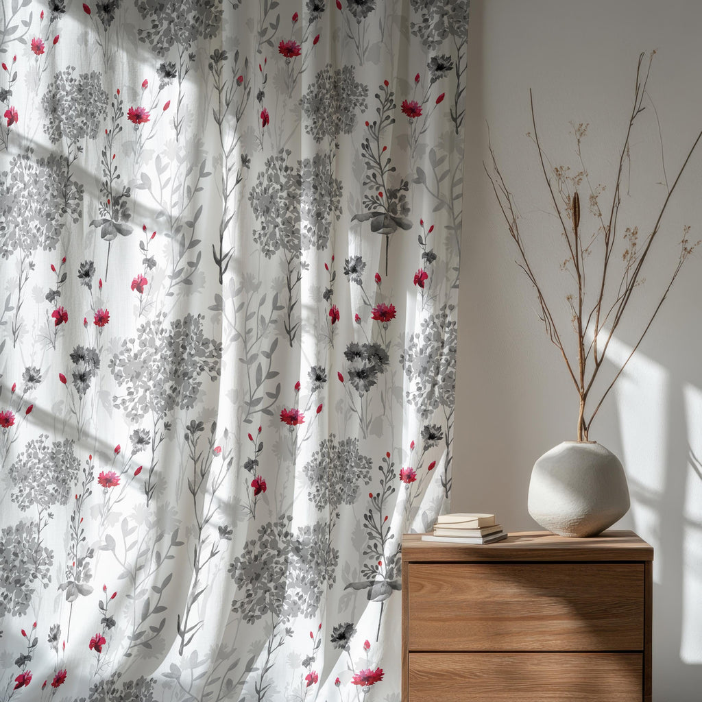 Grey Red Floral Abstract Curtain Panels, Floral Print Curtains, Abstract Flowers Drapes, Grey Red Floral Window Curtain Panels
