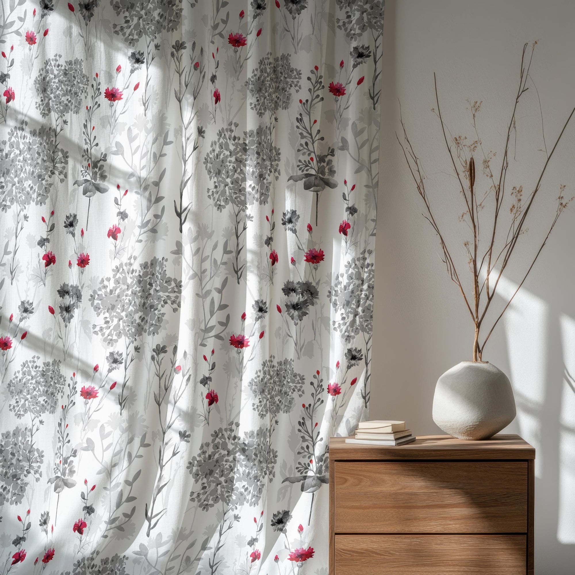 Grey Red Floral Abstract Curtain Panels, Floral Print Curtains, Abstract Flowers Drapes, Grey Red Floral Window Curtain Panels