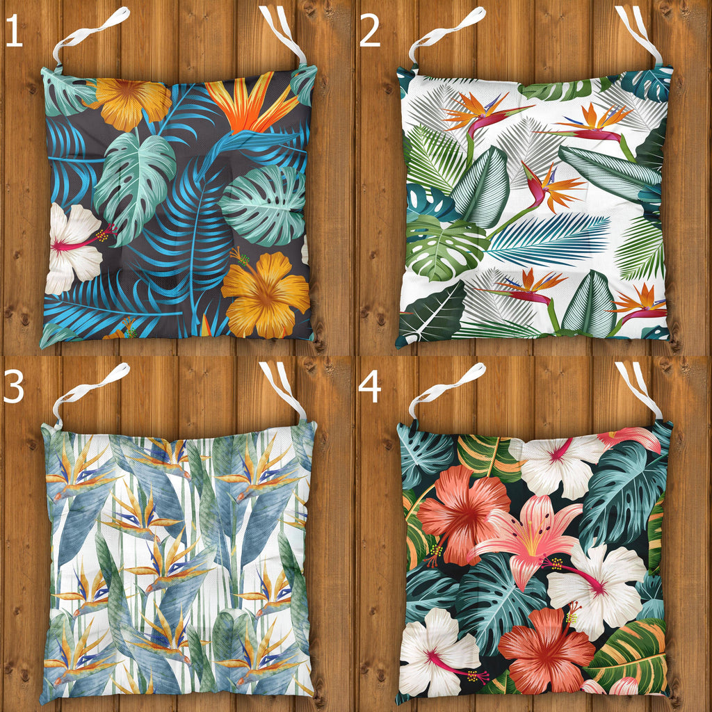 Tropical Chair Cushions, Botanical Hawaiian Seat Pads with Standard, Waterproof & Linen Fabric Options – Outdoor Patio Tie-On Chair Pads