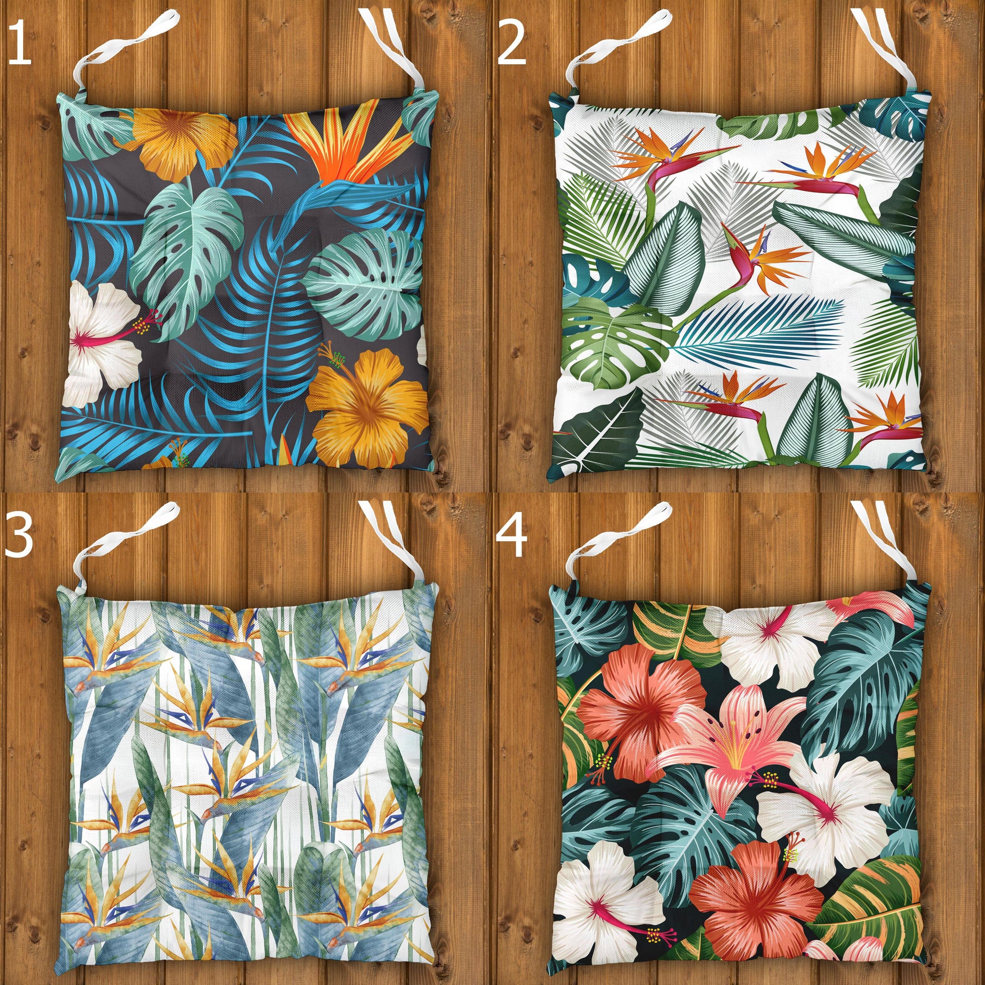 Tropical Chair Cushions, Botanical Hawaiian Seat Pads with Standard, Waterproof & Linen Fabric Options – Outdoor Patio Tie-On Chair Pads