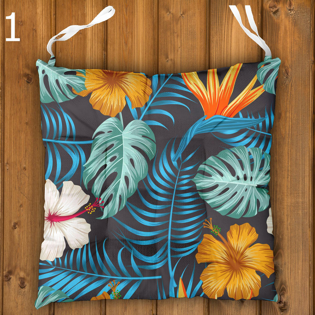 Tropical Chair Cushions, Botanical Hawaiian Seat Pads with Standard, Waterproof & Linen Fabric Options – Outdoor Patio Tie-On Chair Pads