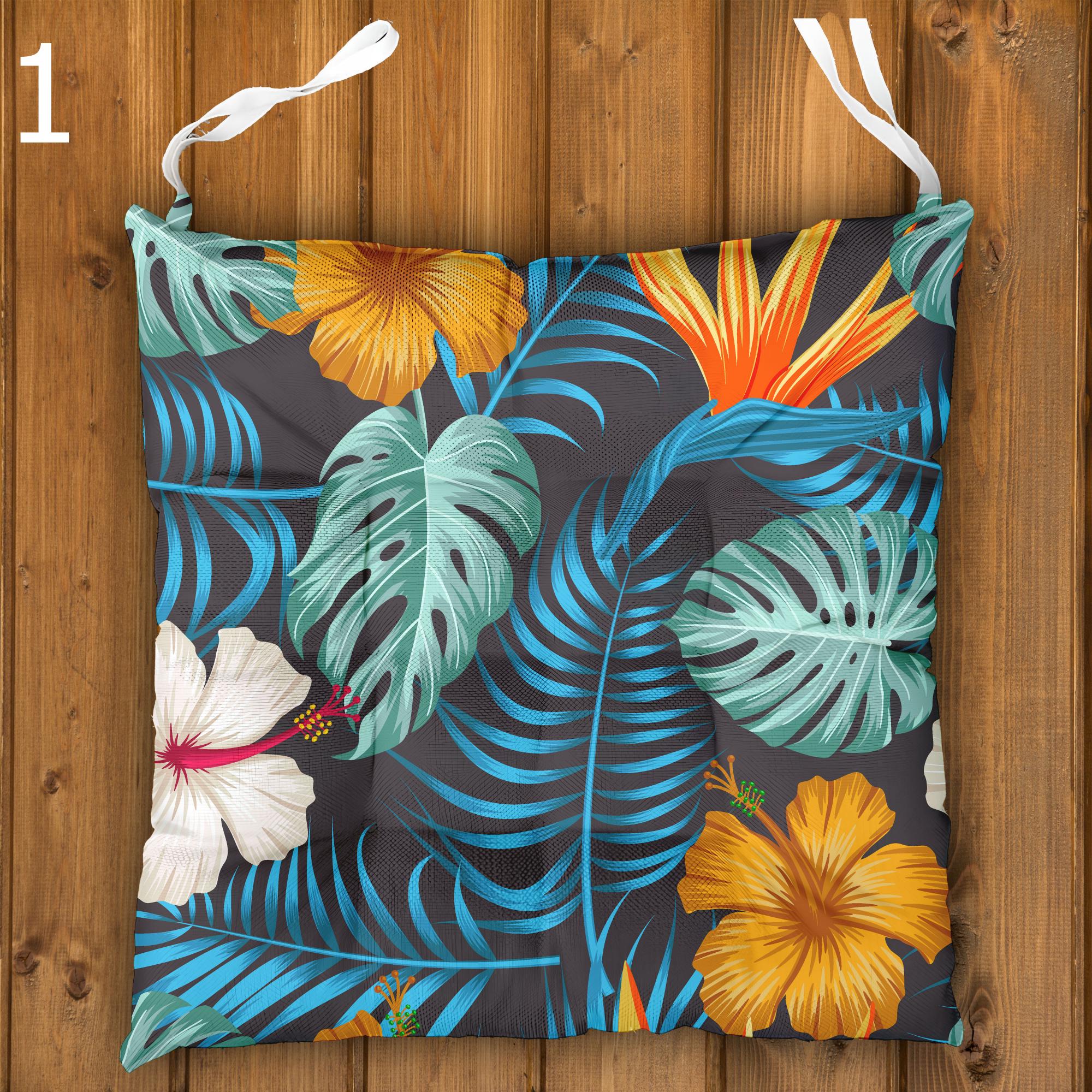 Tropical Chair Cushions, Botanical Hawaiian Seat Pads with Standard, Waterproof & Linen Fabric Options – Outdoor Patio Tie-On Chair Pads