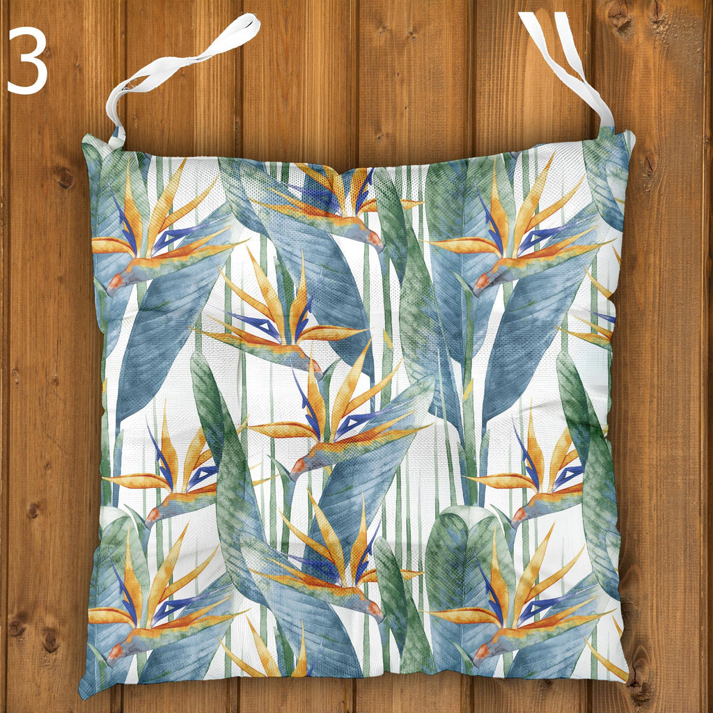 Tropical Chair Cushions, Botanical Hawaiian Seat Pads with Standard, Waterproof & Linen Fabric Options – Outdoor Patio Tie-On Chair Pads